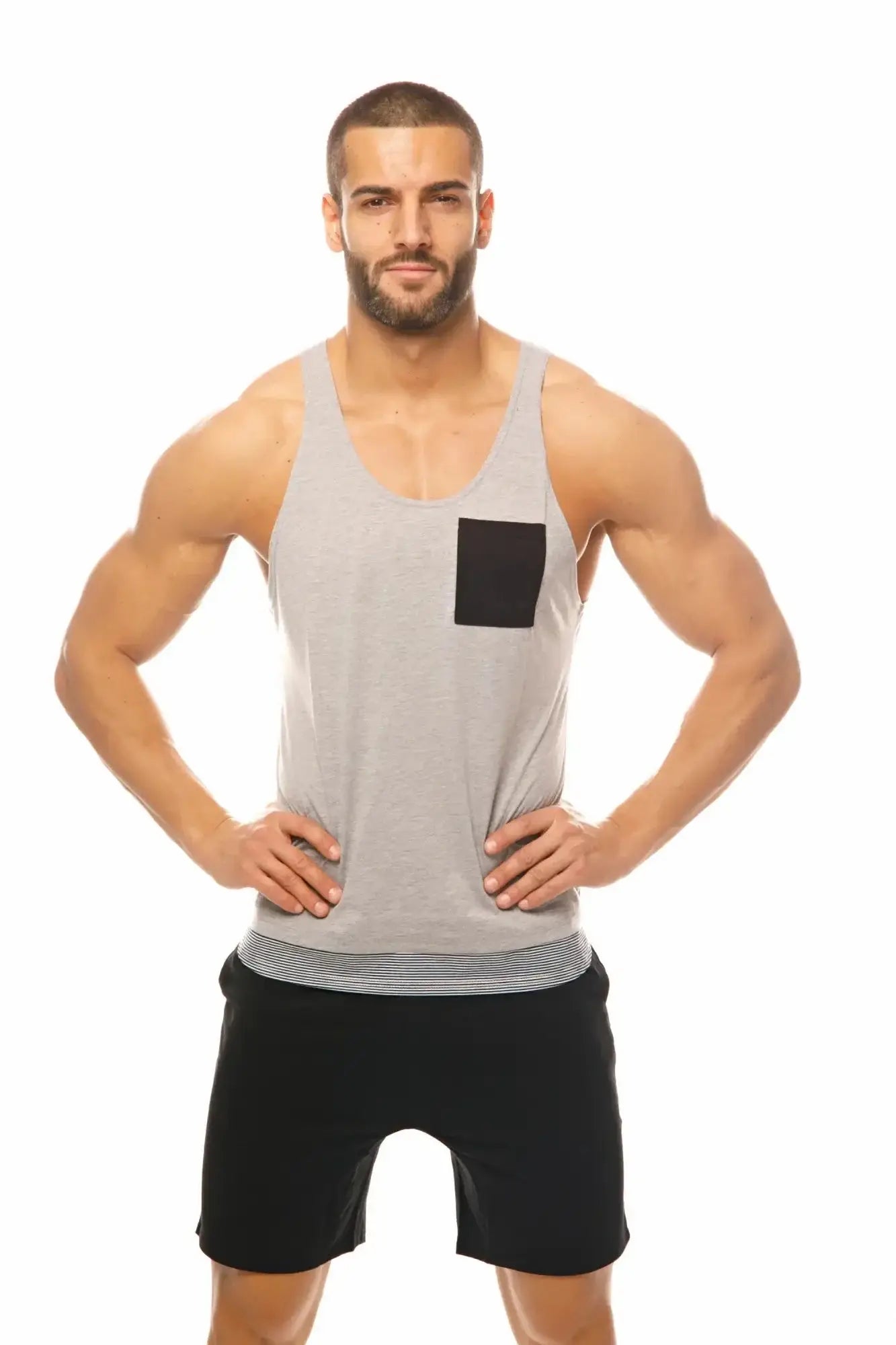 Gray marcuse babe tank top muscle tank with black square chest pocket for casual wear