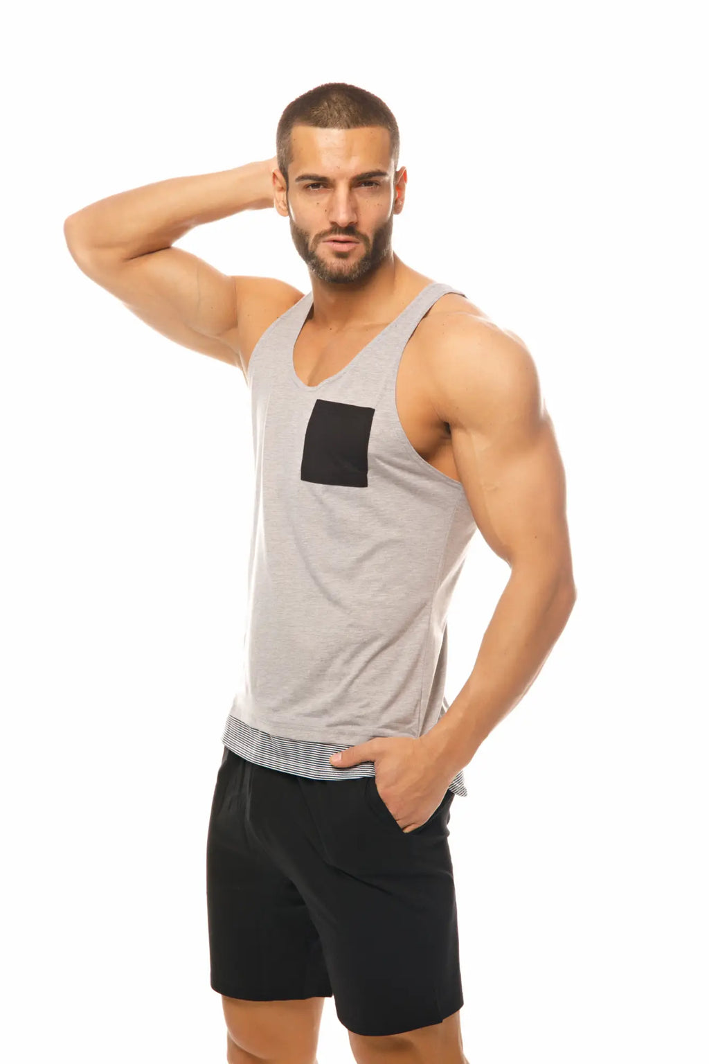 Marcuse babe tank top gray with black square pocket and striped hem in soft breathable fabric for casual wear