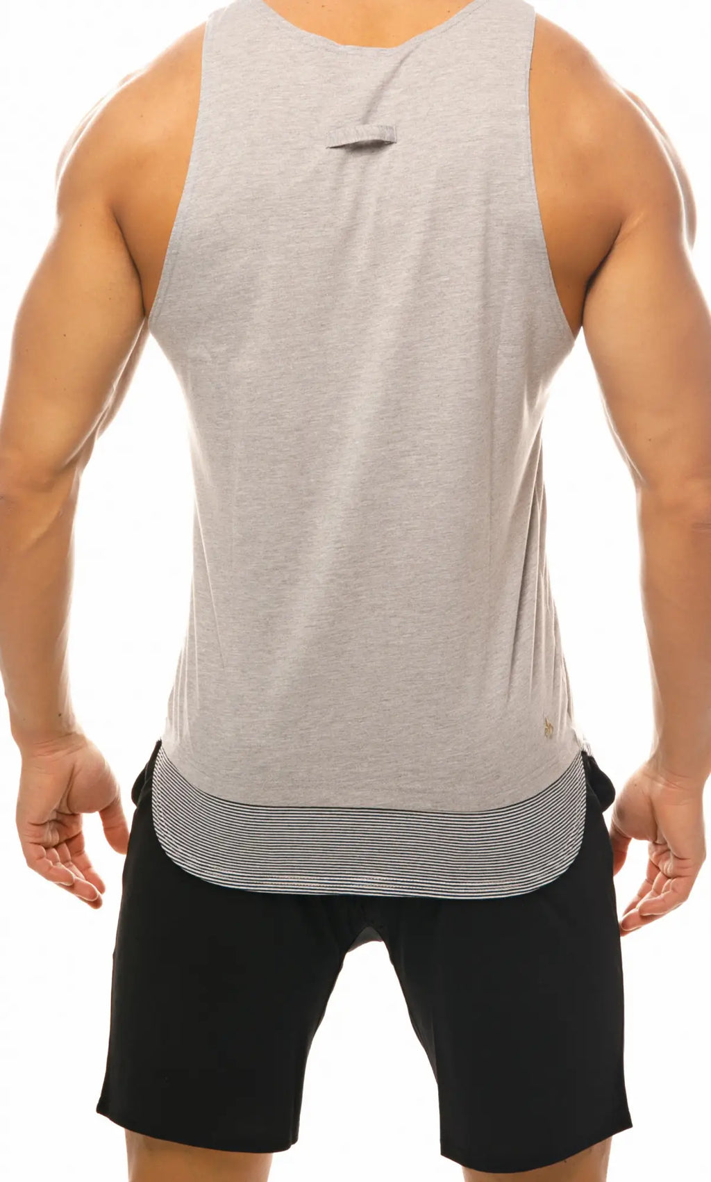 Marcuse babe tank top gray heathered muscle tank with striped hem and small brand logo on lower right side