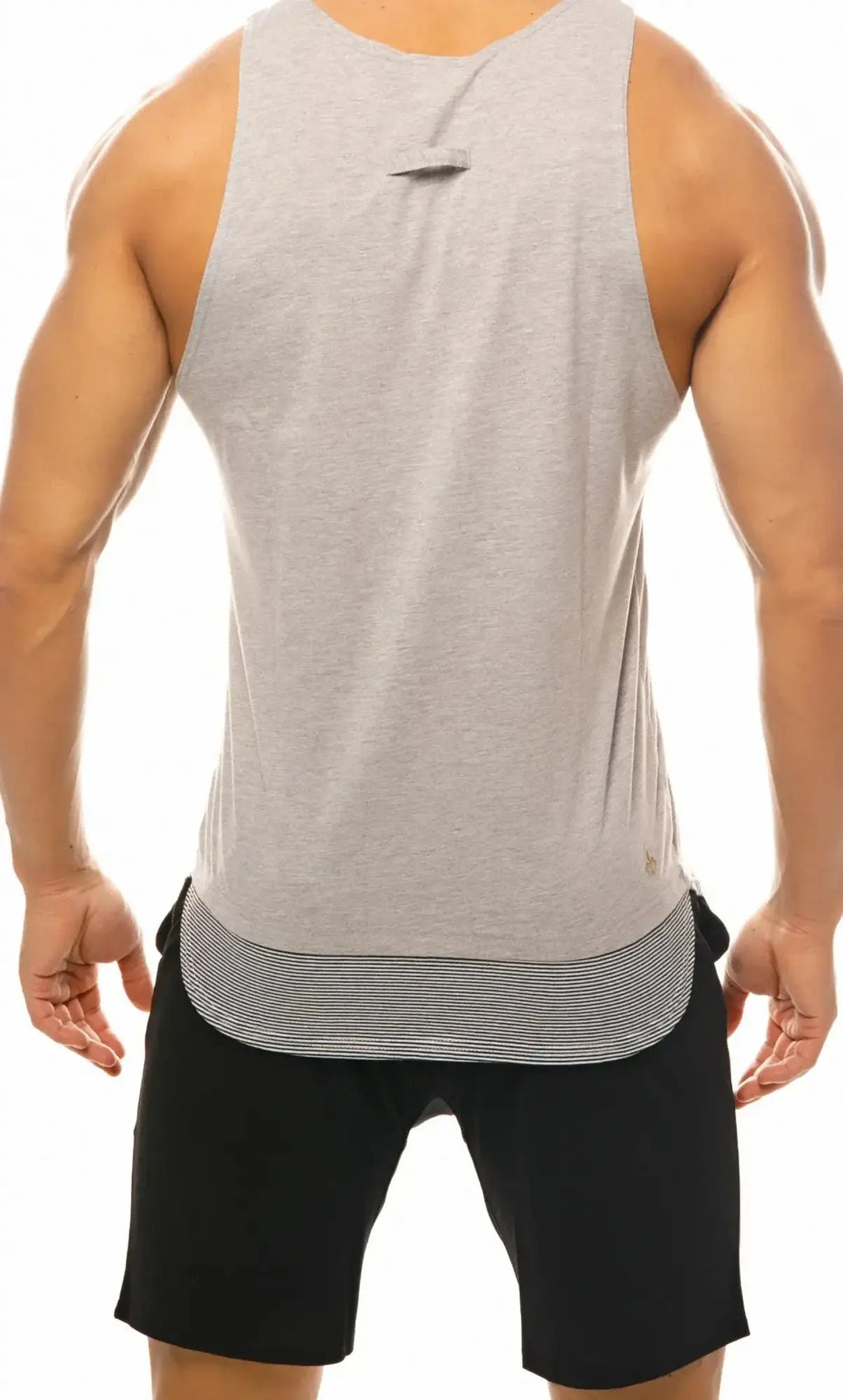 Marcuse babe tank top gray heathered muscle tank with striped hem and small brand logo on lower right side