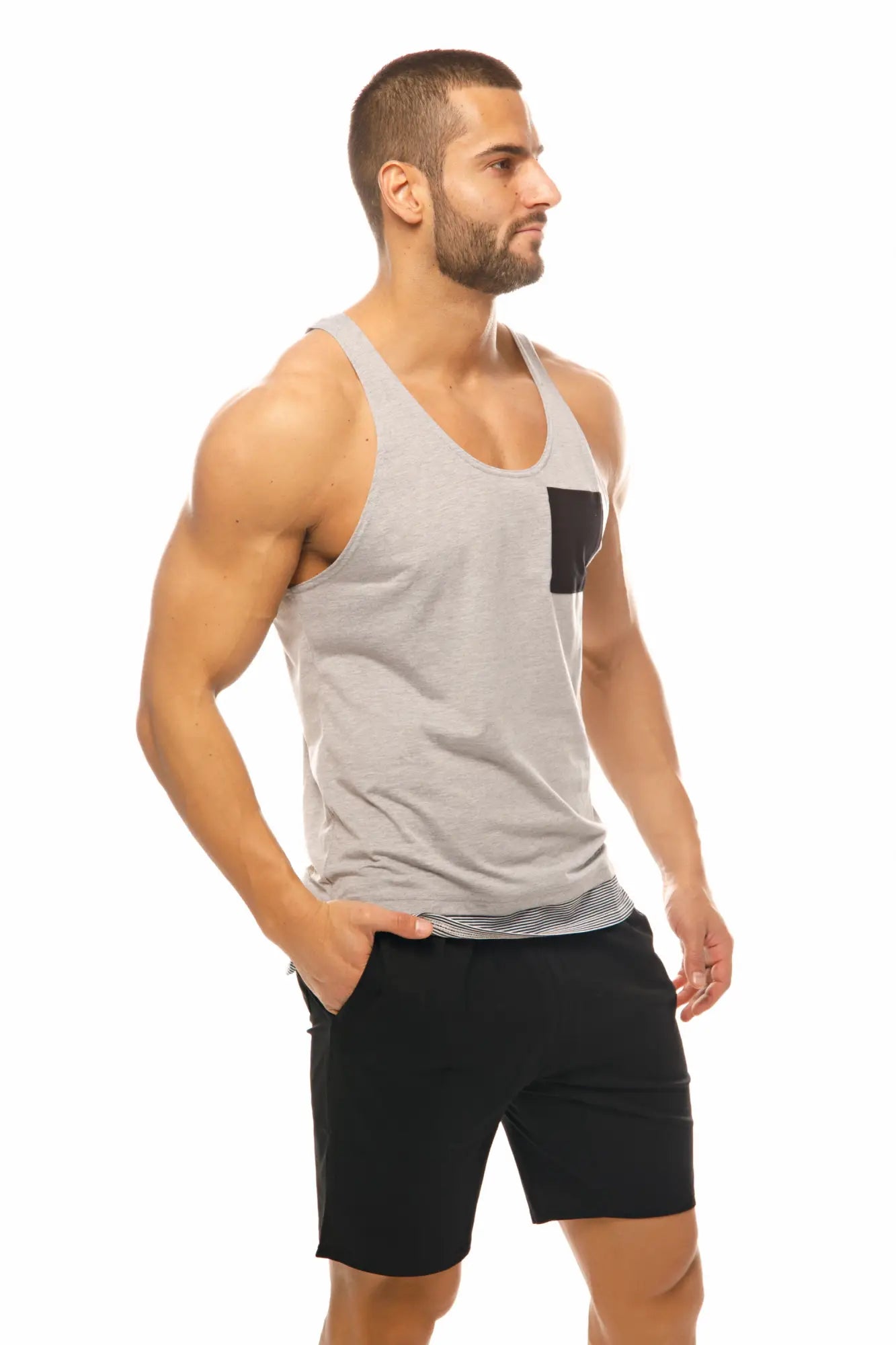Gray marcuse babe muscle tank top with a black rectangular patch on the left chest for casual wear
