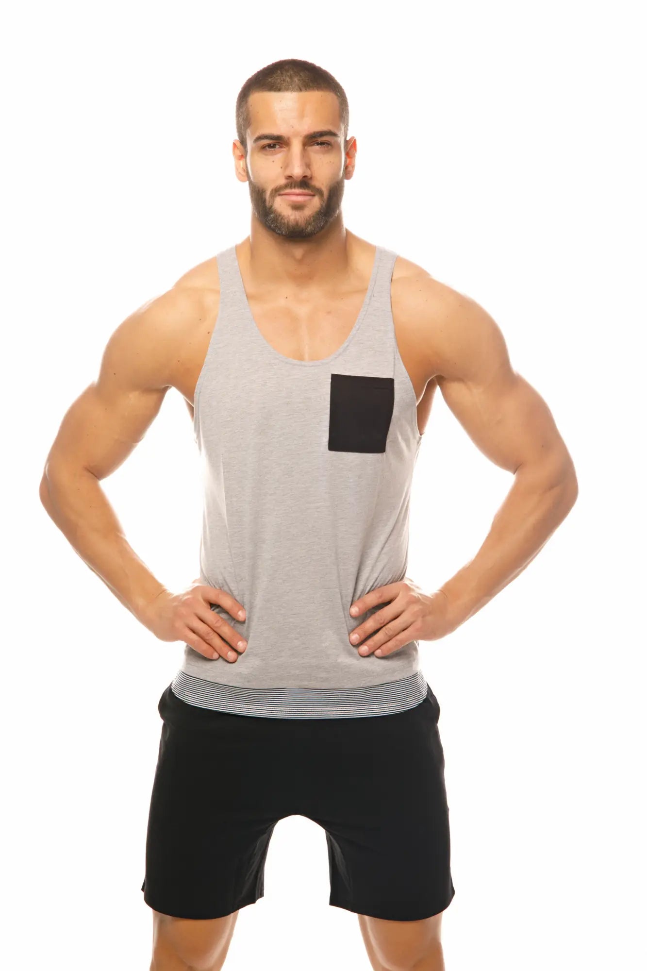 Gray marcuse babe tank top muscle tank with black square chest pocket for casual wear