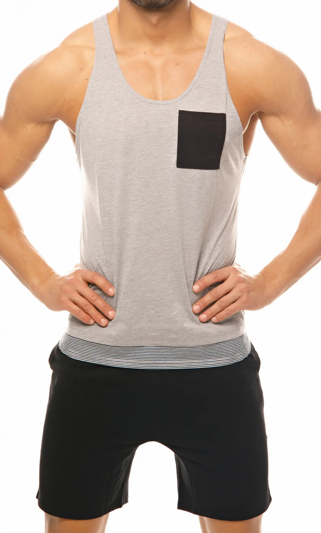 Gray Marcuse Babe racerback tank top with black square pocket and striped hem for casual wear