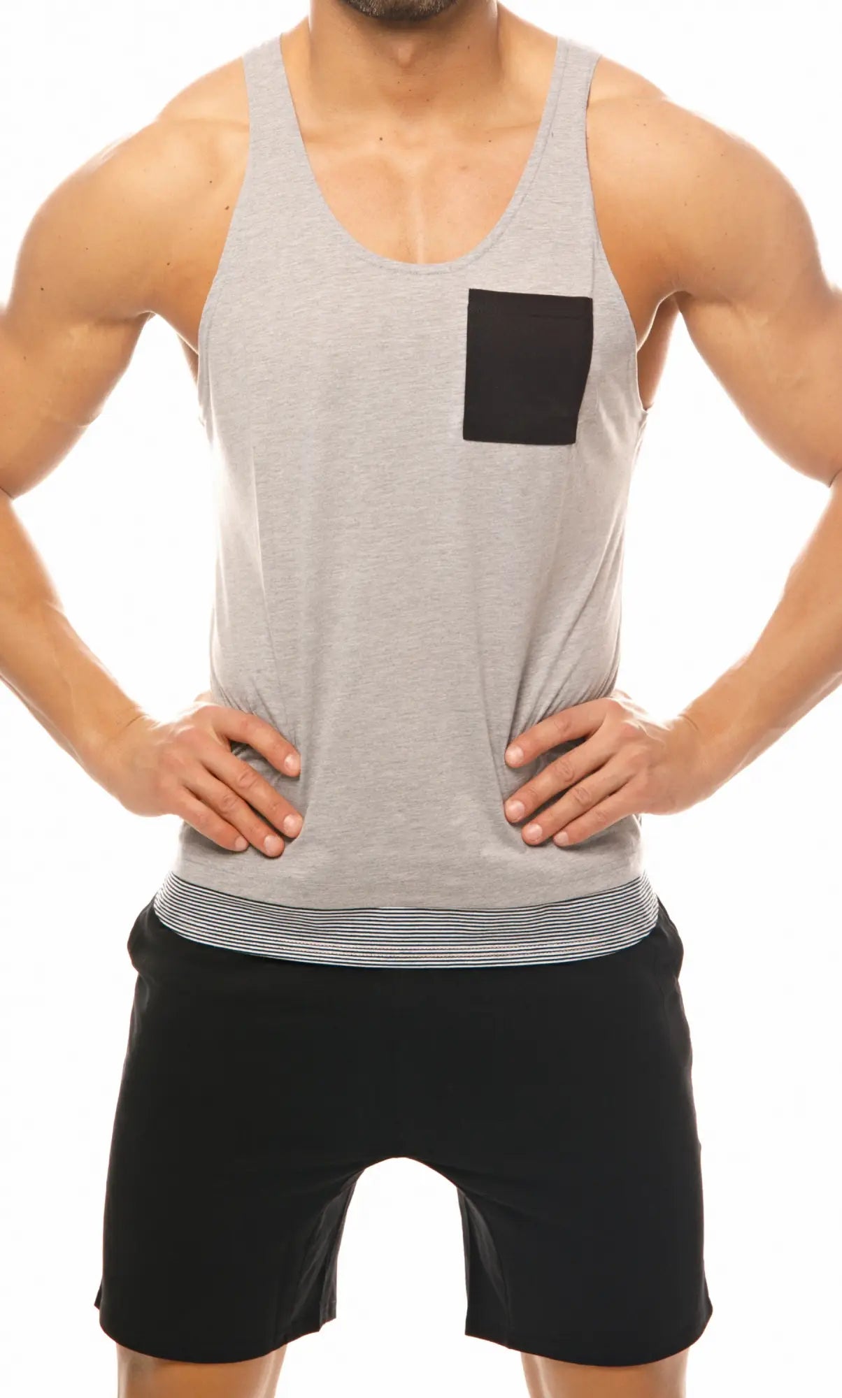 Gray Marcuse Babe racerback tank top with black square pocket and striped hem for casual wear