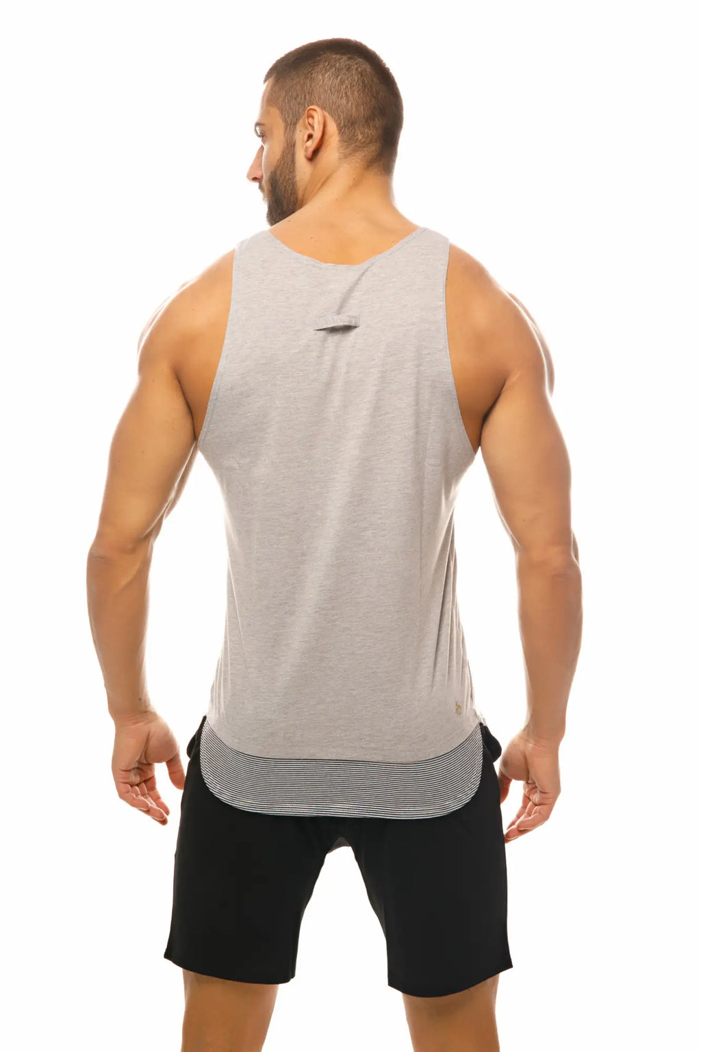 Marcuse babe tank top gray sleeveless with subtle textured fabric and layered hem featuring horizontal stripes