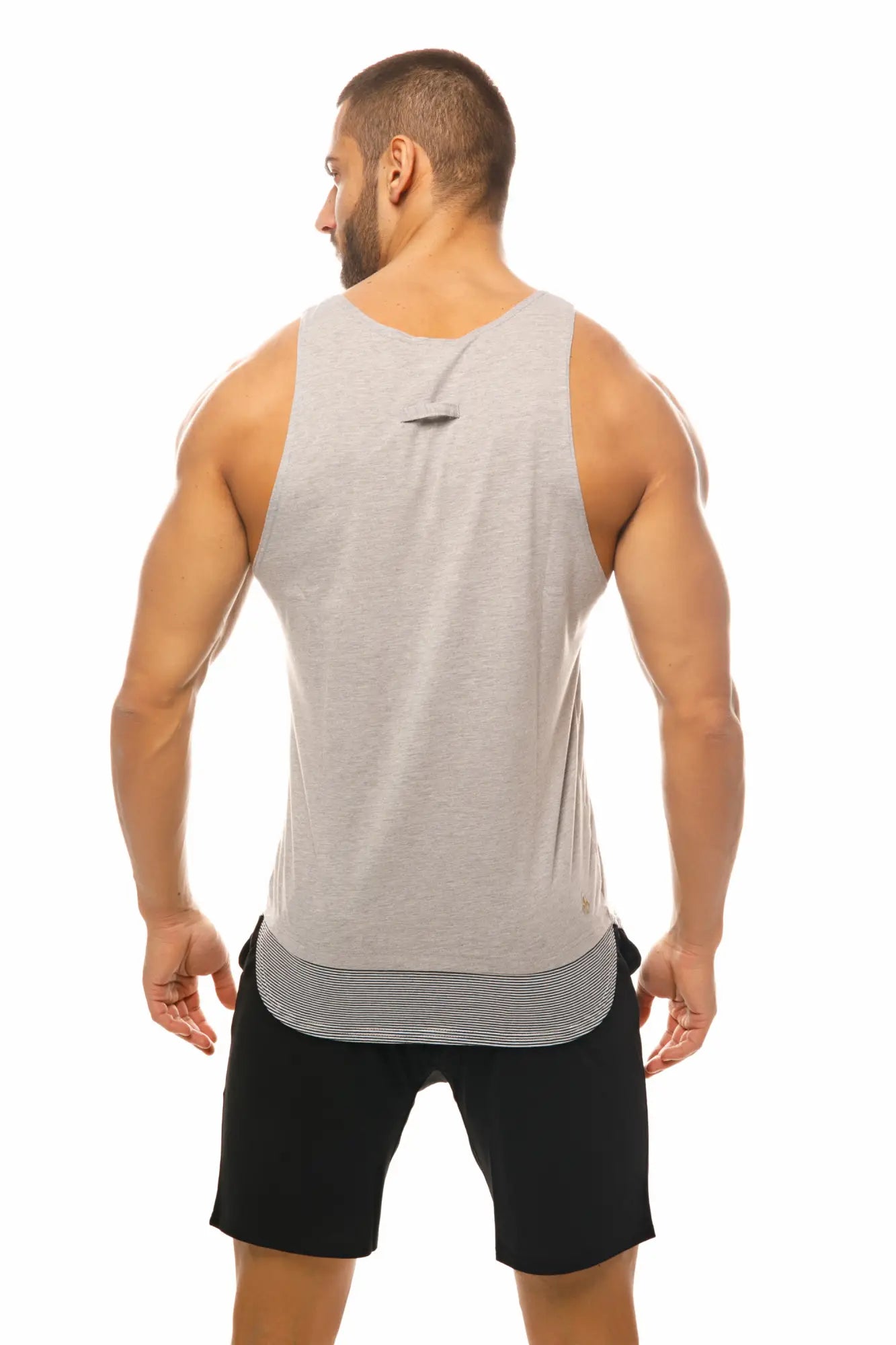 Marcuse babe tank top gray sleeveless with subtle textured fabric and layered hem featuring horizontal stripes