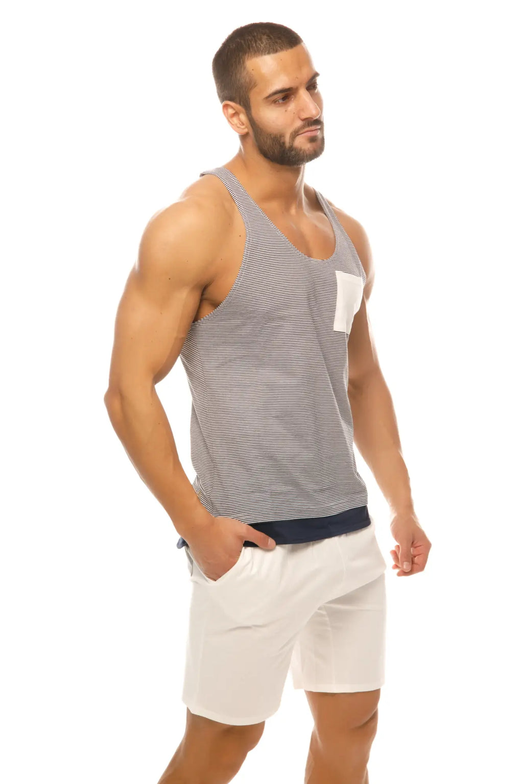Marcuse Babe tank top with gray and white stripes and a solid white chest pocket for casual wear