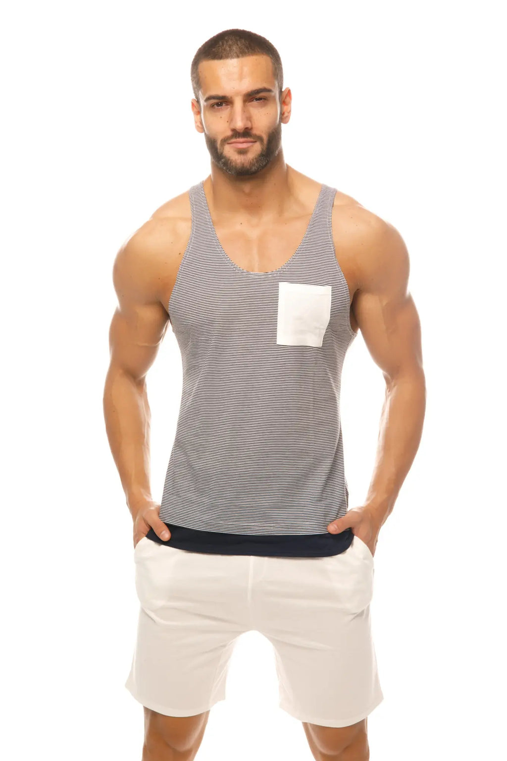 Marcuse Babe tank top is a gray and white striped men’s cotton sleeveless shirt with a solid white chest pocket