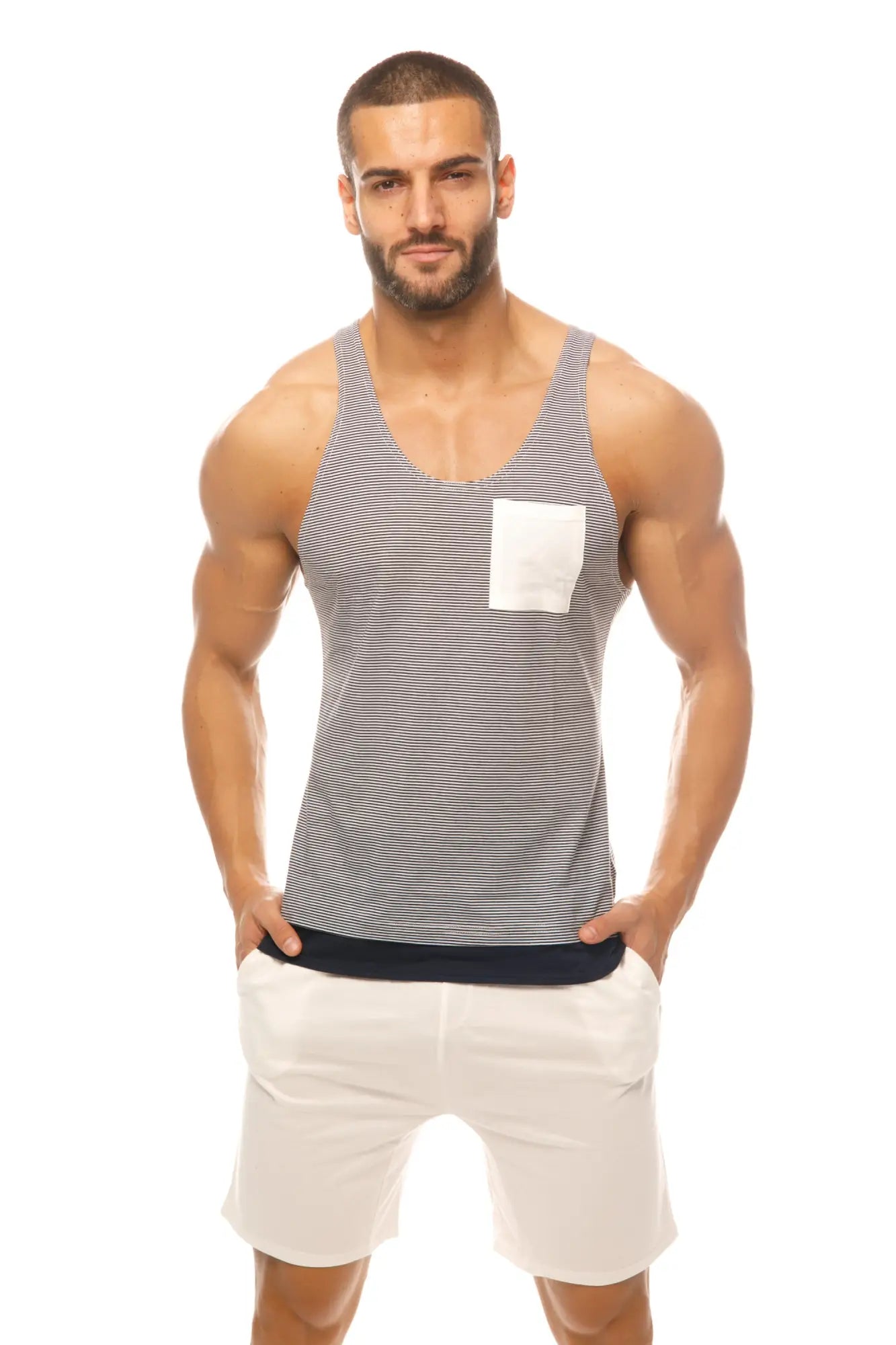 Marcuse Babe tank top is a gray and white striped men’s cotton sleeveless shirt with a solid white chest pocket