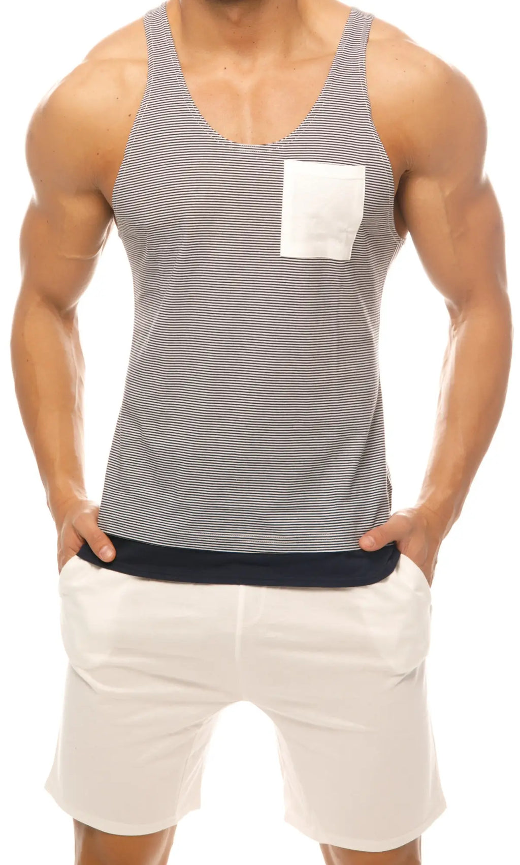 Marcuse Babe tank top men’s gray and white striped cotton fabric with solid white chest pocket casual wear