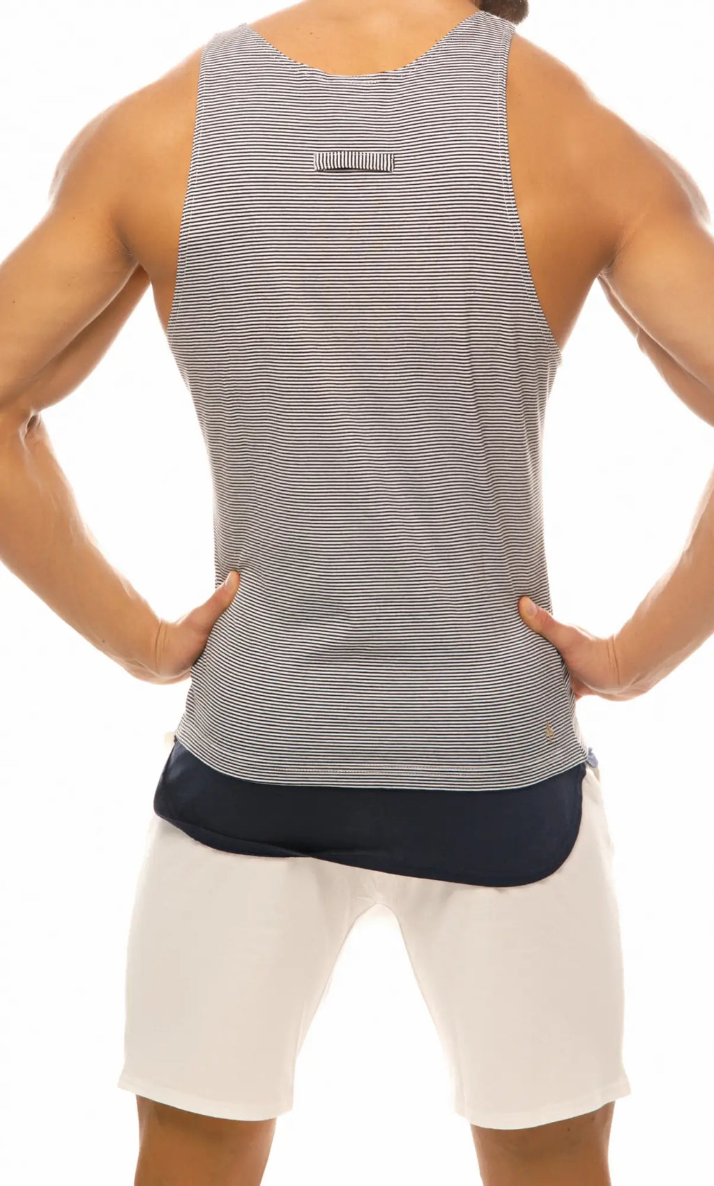 Marcuse babe tank top featuring a gray and white striped muscle tank with a navy blue hemline for casual wear