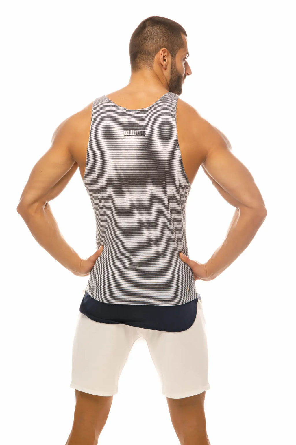 Marcuse babe tank top gray and white striped muscle tank top with navy blue hem for casual wear