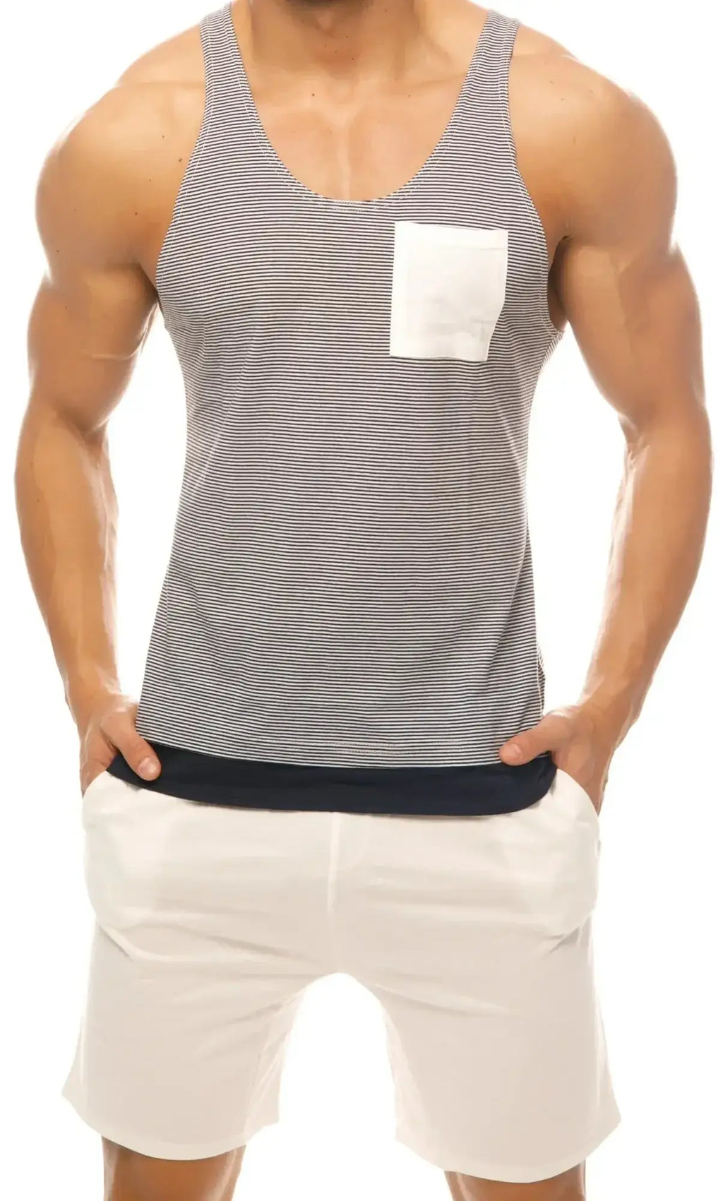 Marcuse Babe tank top men’s gray and white striped cotton fabric with solid white chest pocket casual wear