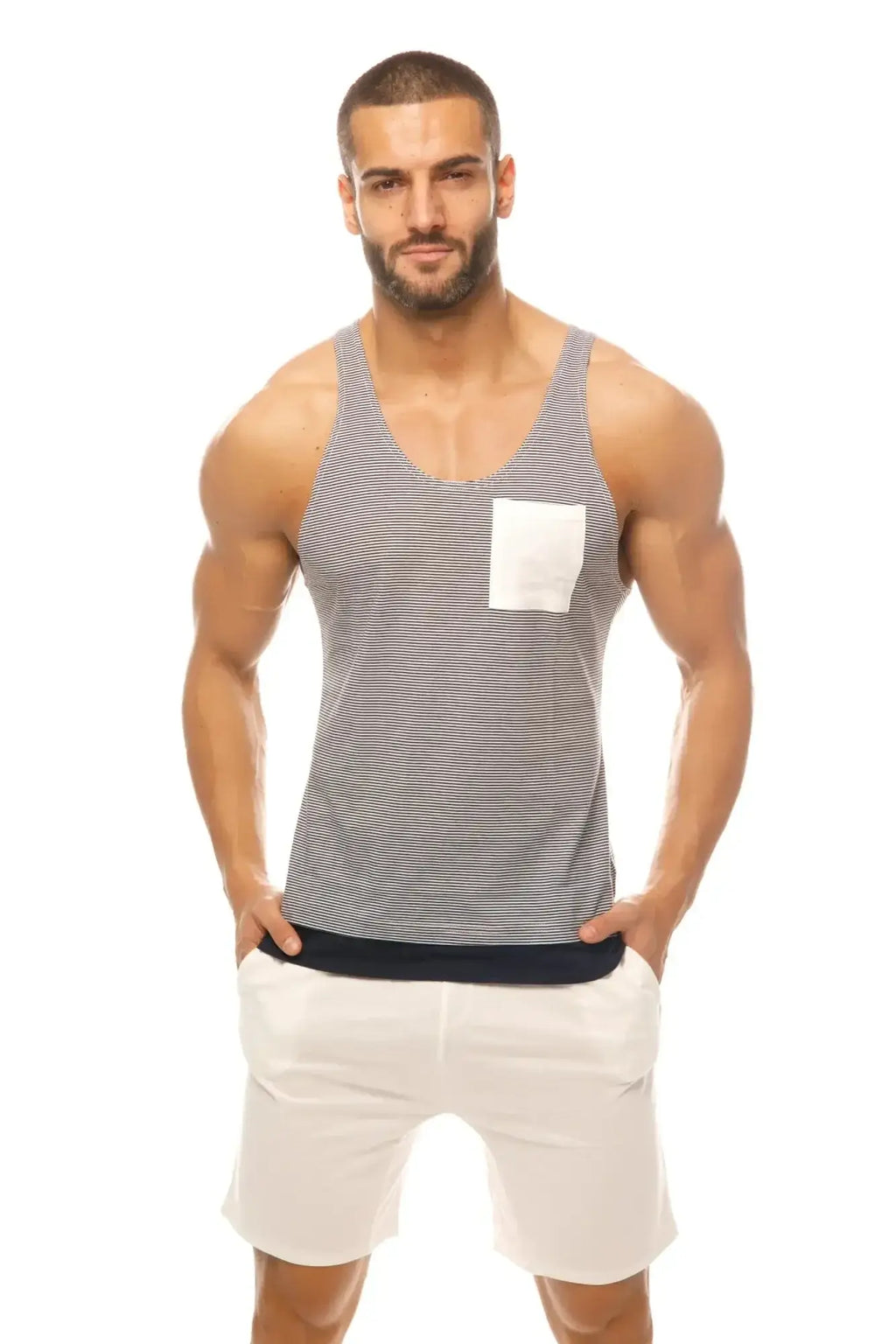 Marcuse Babe tank top is a gray and white striped men’s cotton sleeveless shirt with a solid white chest pocket