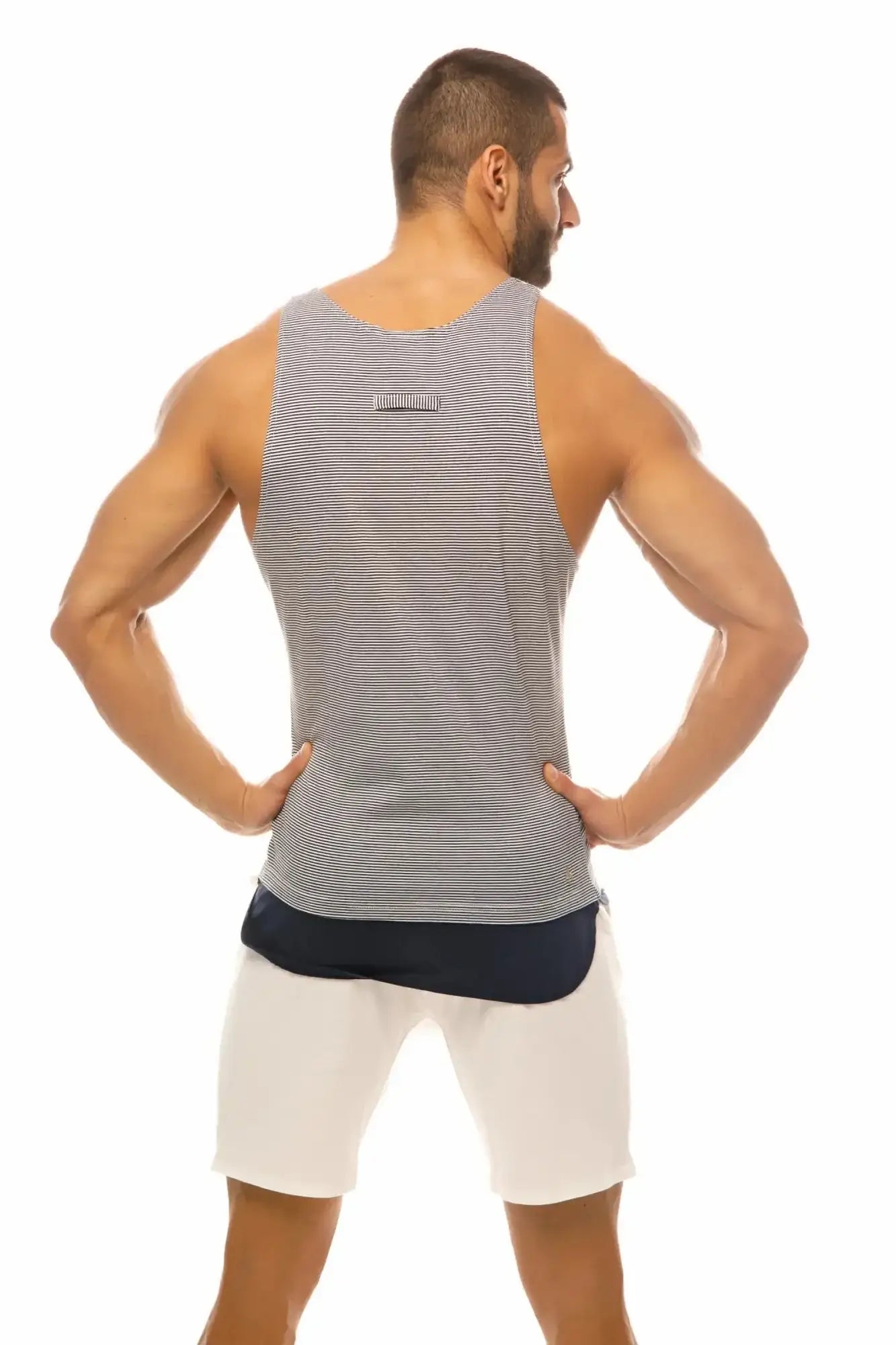 Marcuse babe tank top gray and white striped muscle tank top with navy blue hem for casual wear
