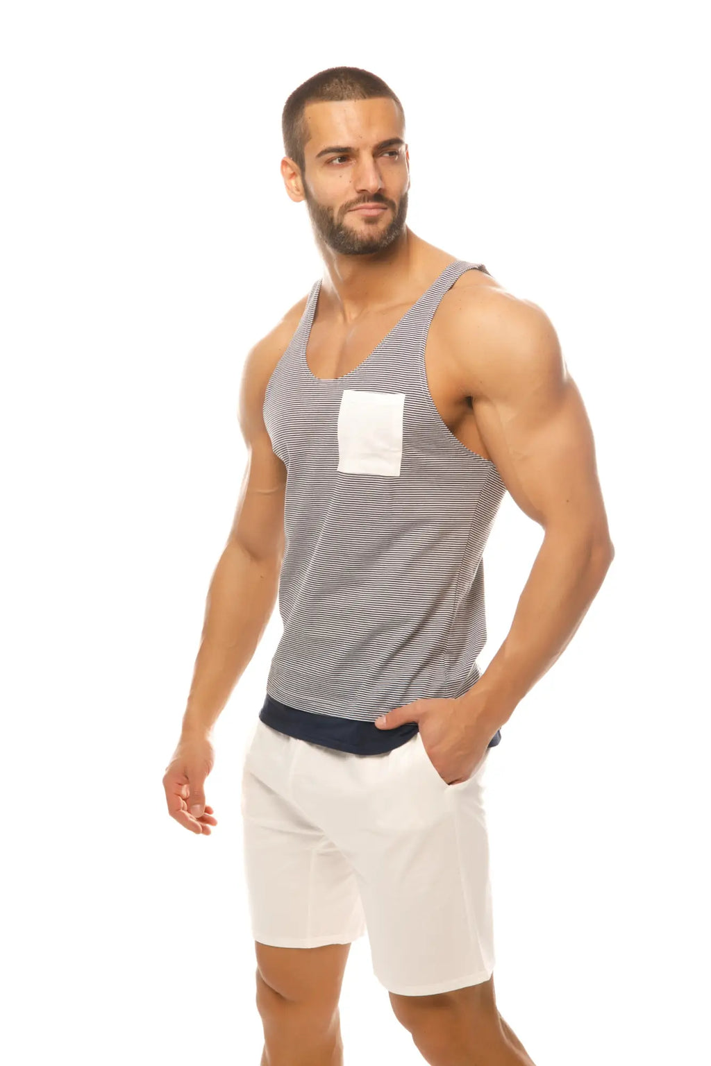 Marcuse Babe tank top with gray and white stripes and a solid white chest pocket for casual wear