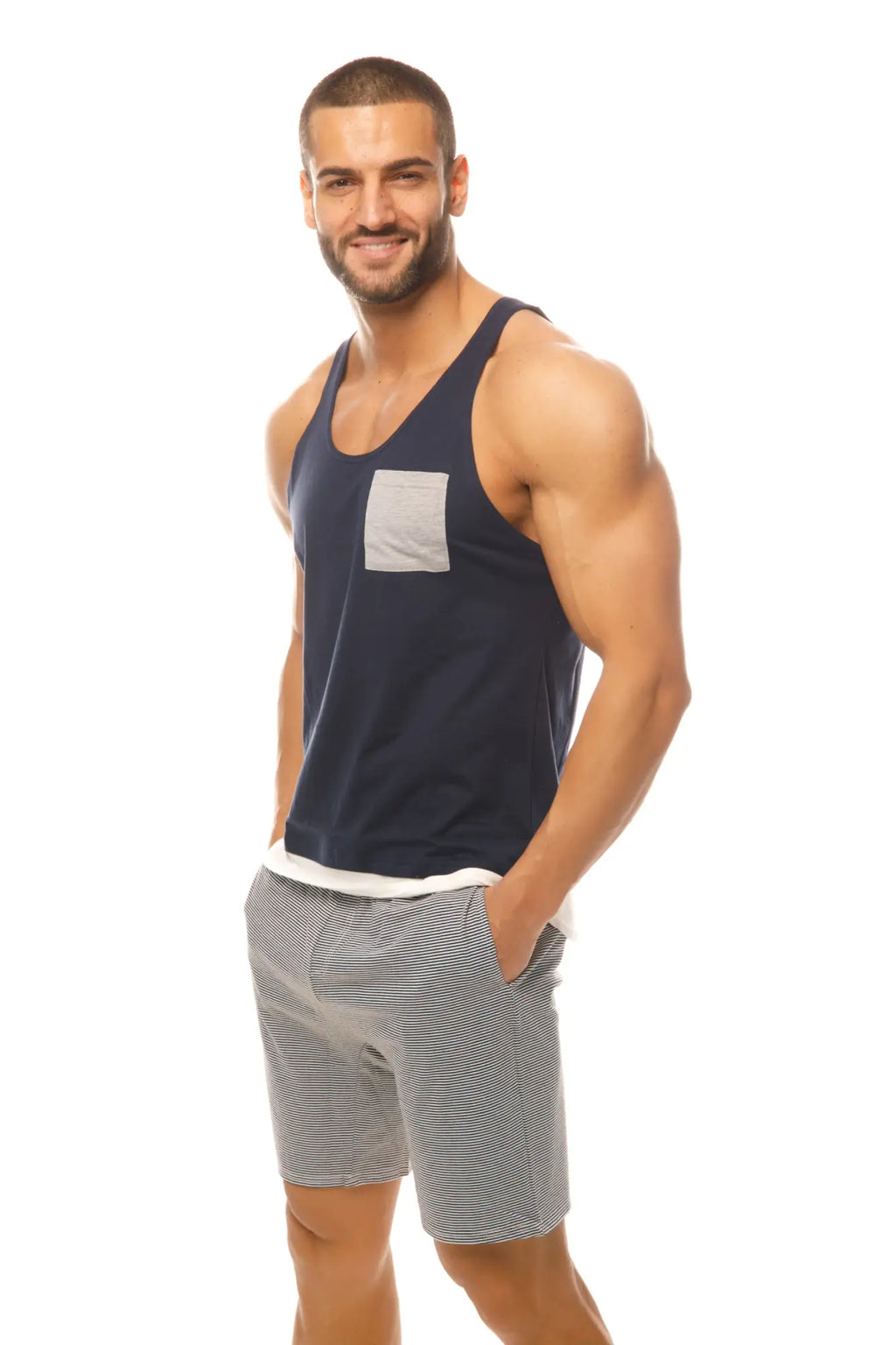 Navy blue marcuse babe tank top with light gray pocket and white hem trim perfect for casual wear