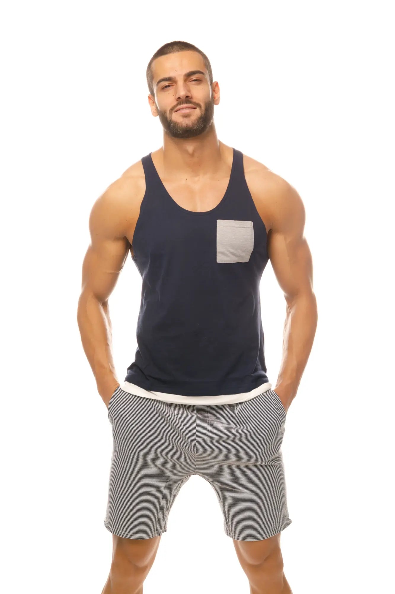 Marcuse Babe tank top navy blue with light gray pocket and white trim at hem casual sleeveless shirt
