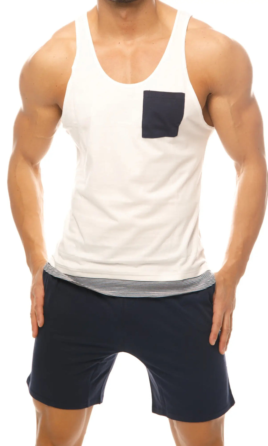 Marcuse babe tank top white cotton sleeveless with black pocket and striped hemline for casual wear
