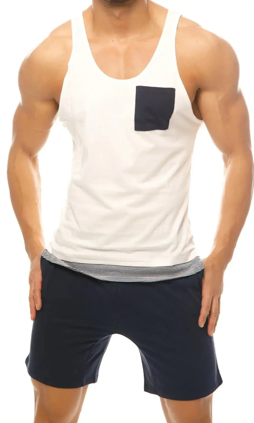 Marcuse babe tank top white cotton sleeveless with black pocket and striped hemline for casual wear