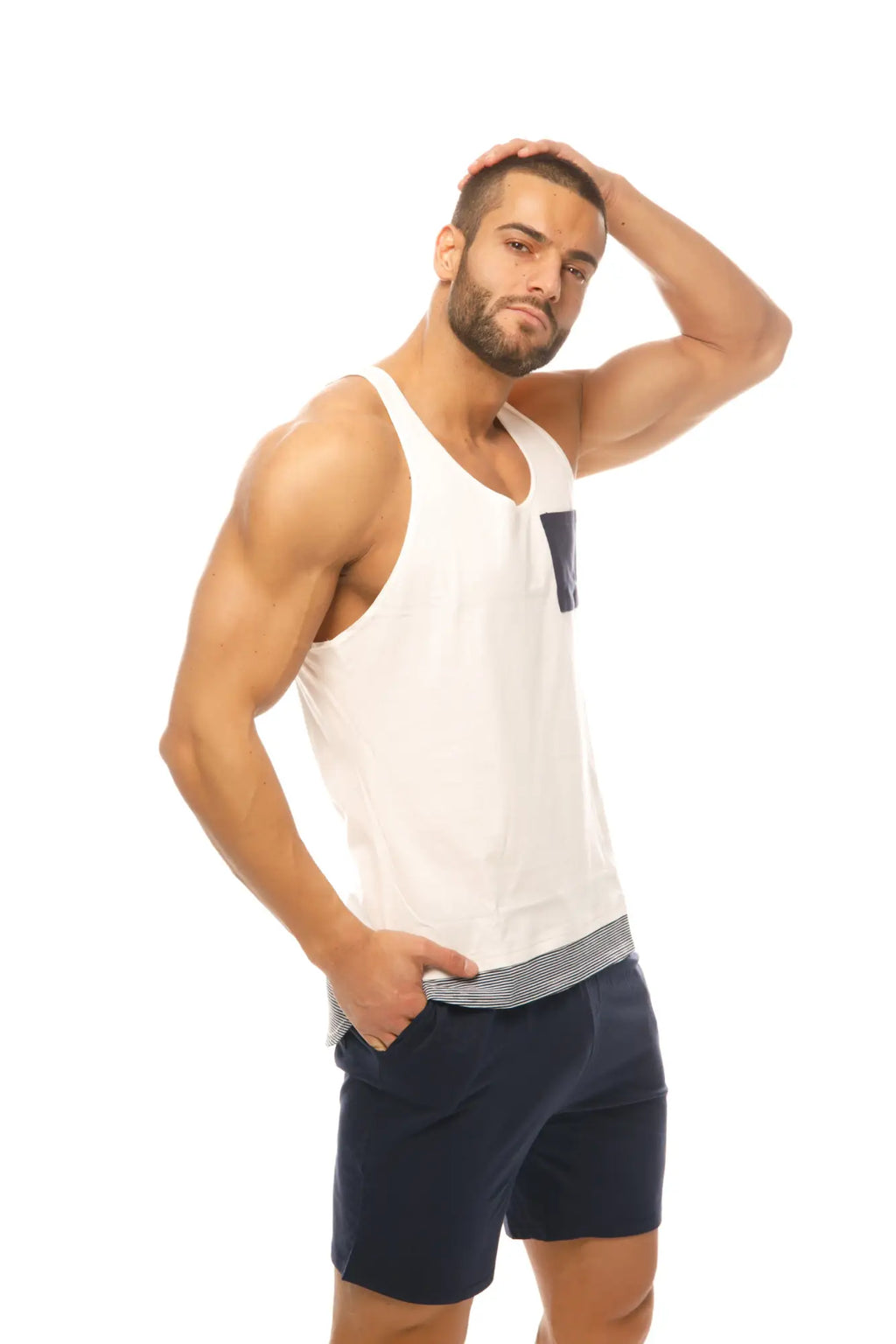 White sleeveless marcuse babe tank top with navy blue pocket and striped hem perfect for casual wear