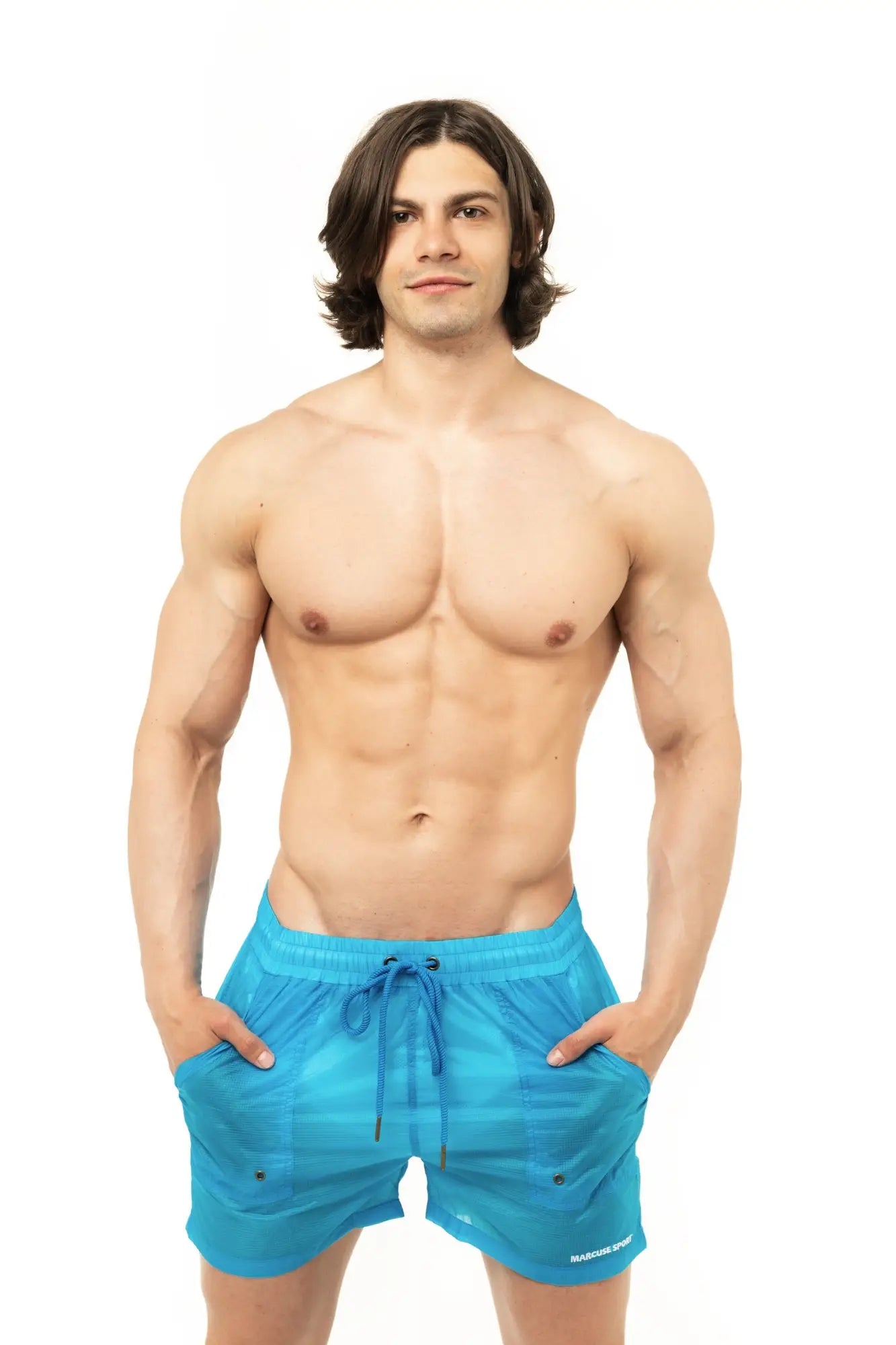 Bright blue marcuse babylon athletic swim shorts with drawstring waistband and side pockets for active use