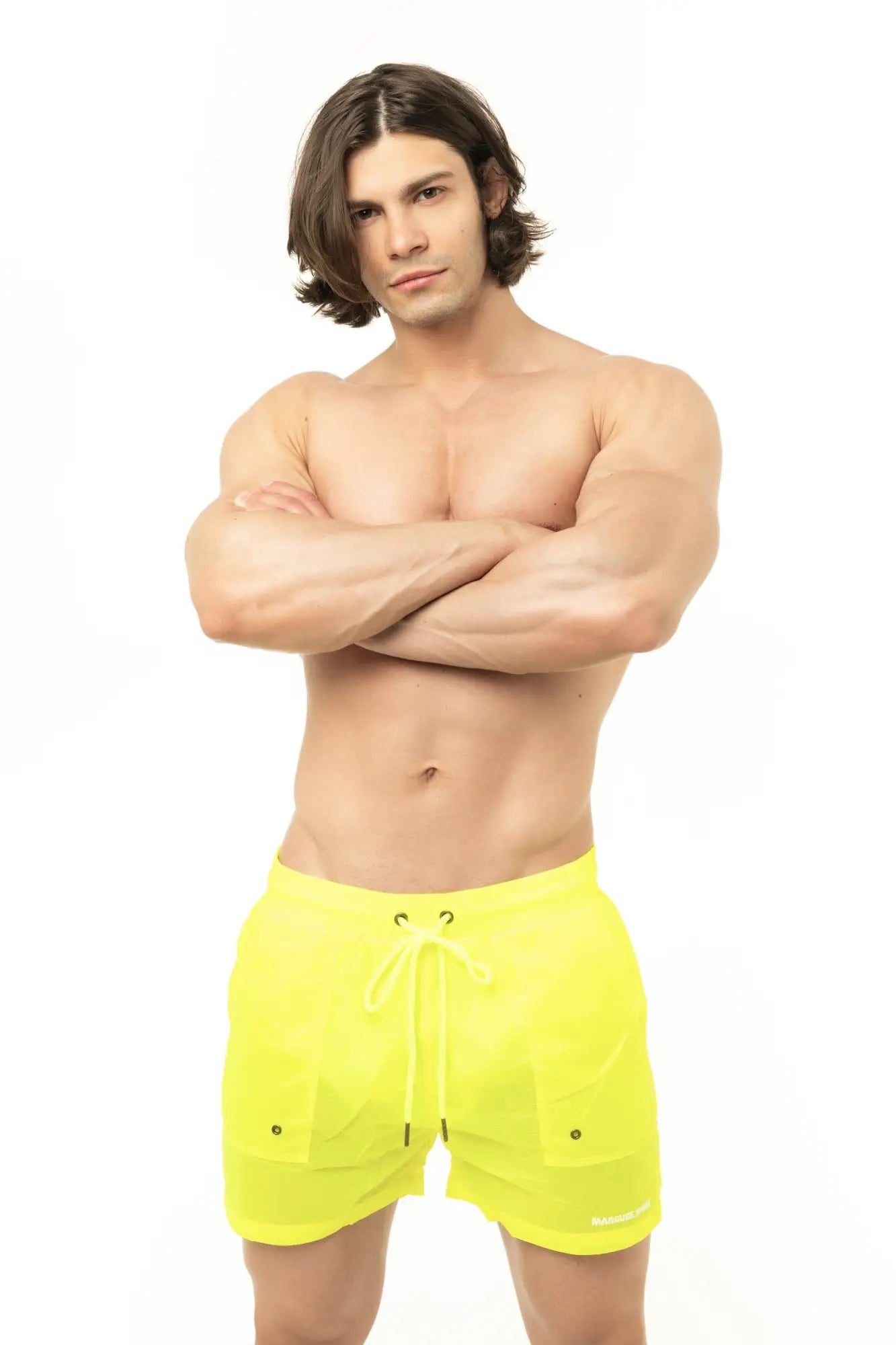 Marcuse Babylon shorts bright neon yellow athletic shorts with drawstring waist and side pockets