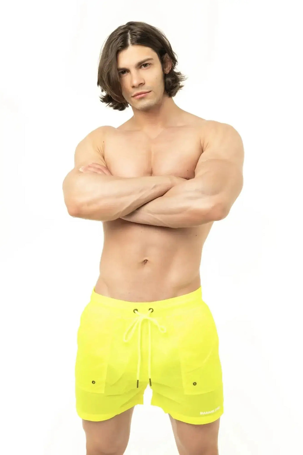 Marcuse Babylon shorts bright neon yellow athletic shorts with drawstring waist and side pockets