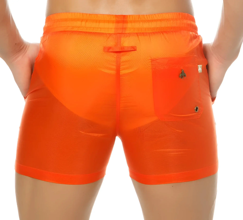 Marcuse Babylon shorts bright orange athletic mesh texture with elastic waistband for active use