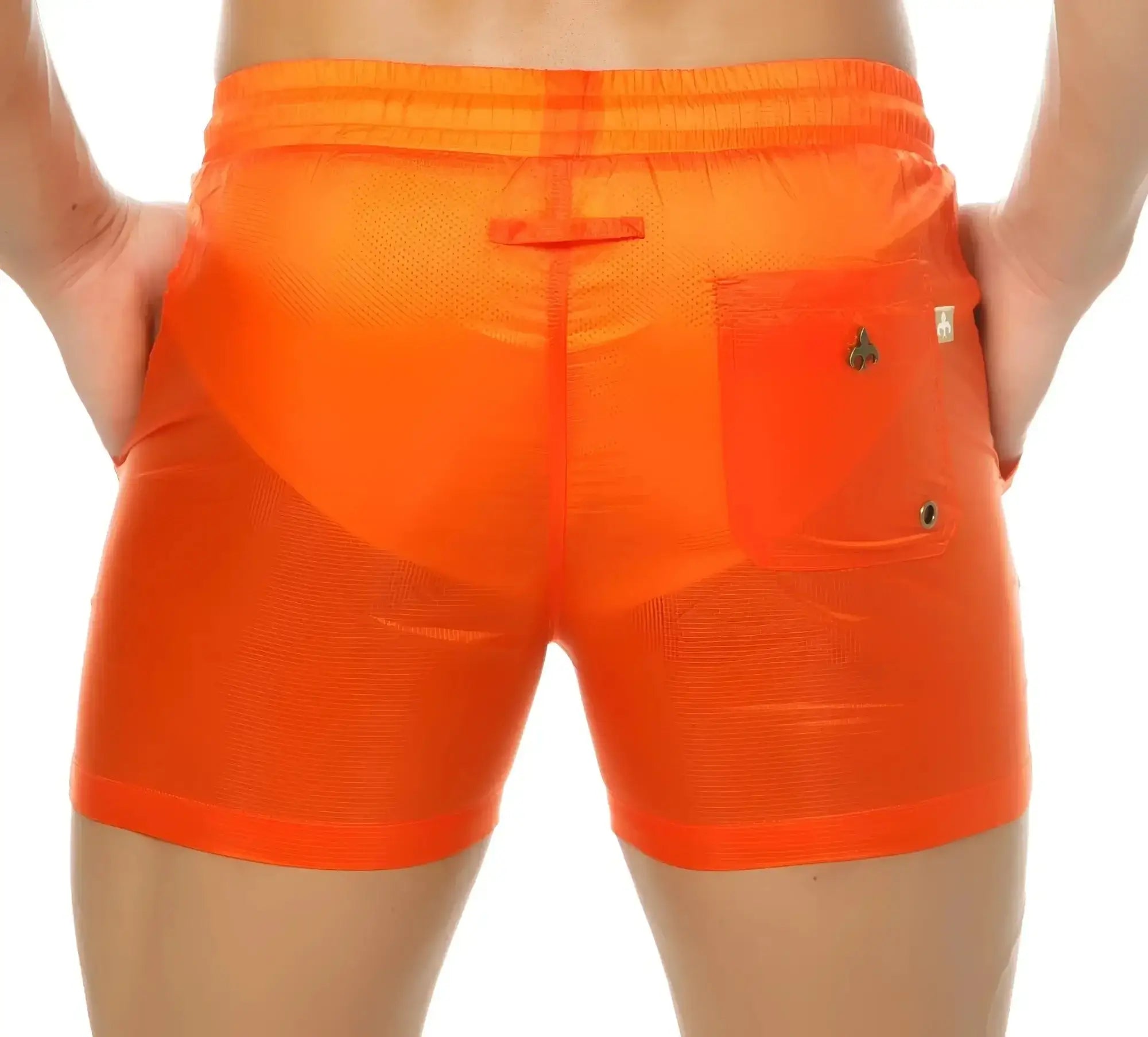 Marcuse Babylon shorts bright orange athletic mesh texture with elastic waistband for active use