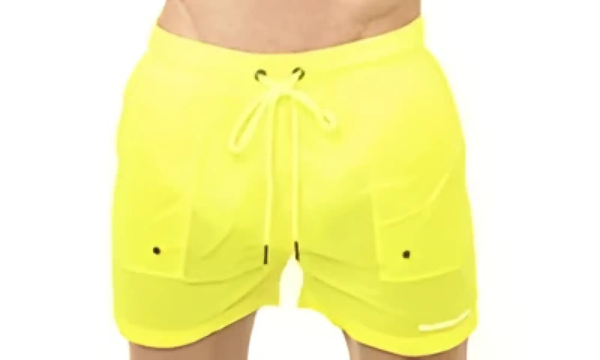Bright yellow Marcuse Babylon swim trunks with drawstring waist and multiple pockets for casual beachwear