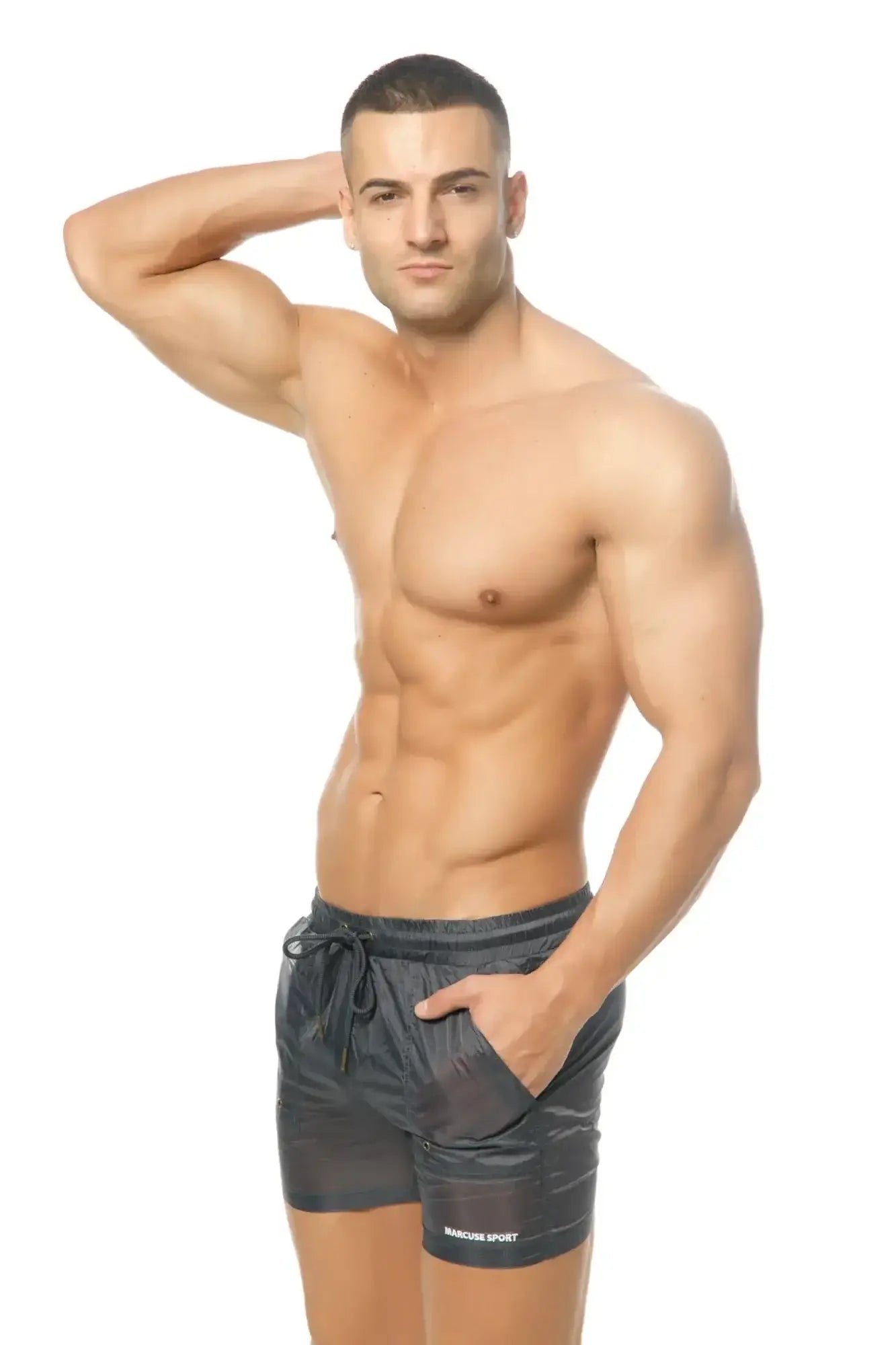 Black marcuse babylon athletic shorts with drawstring waistband side pockets and maggie sport logo on lower left leg