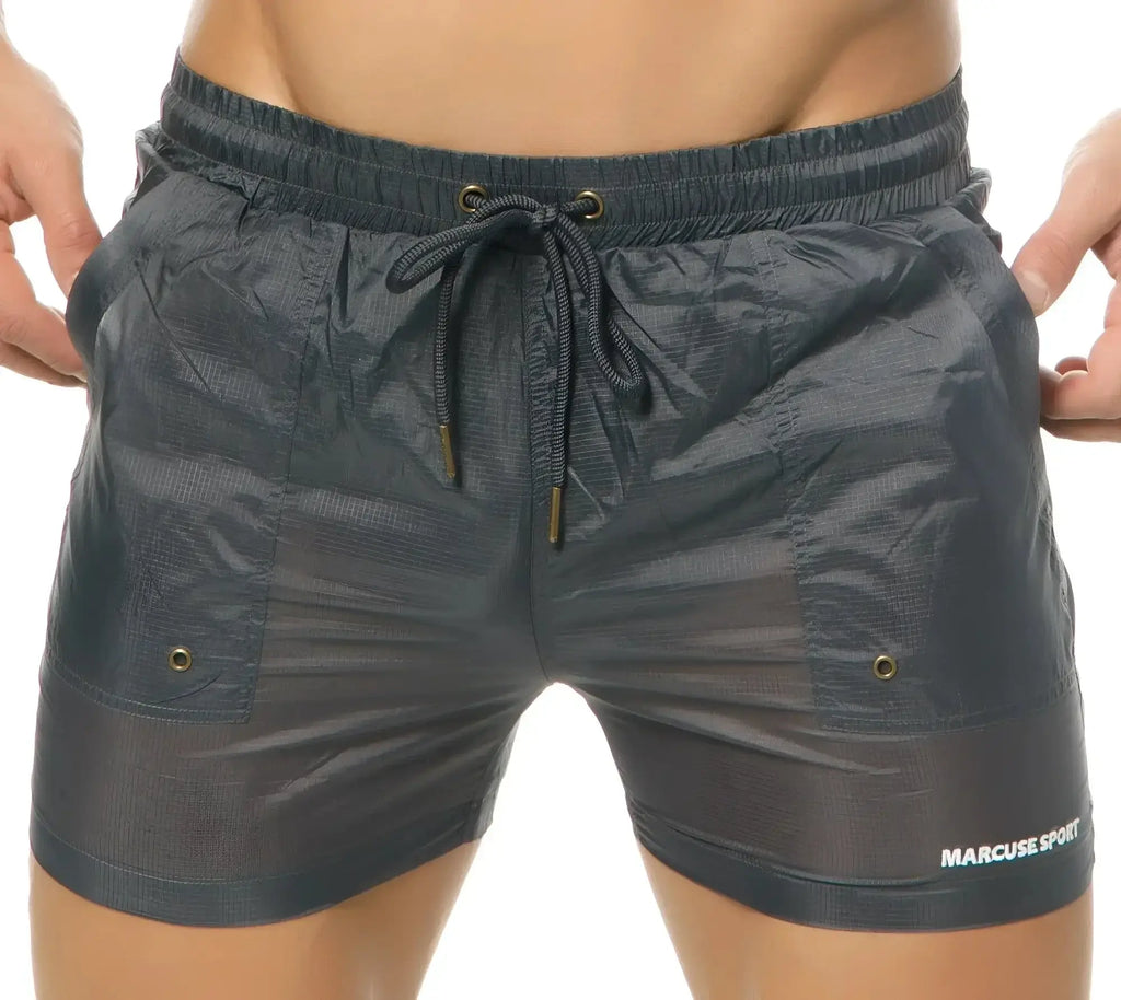 Marcuse Babylon shorts dark gray lightweight athletic shorts with drawstring waistband and gold toned eyelets