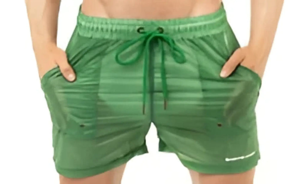Marcuse Babylon shorts green striped swim trunks with drawstring waistband for comfortable beachwear