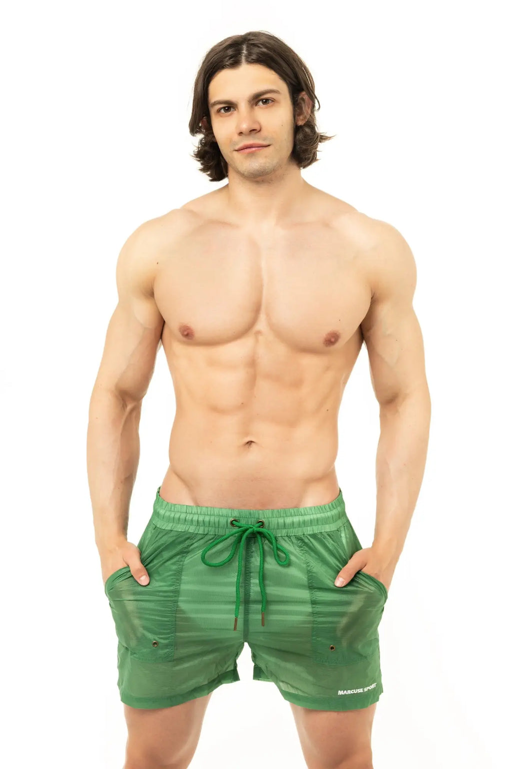 Marcuse Babylon shorts green translucent swim shorts with drawstring waistband and side pockets