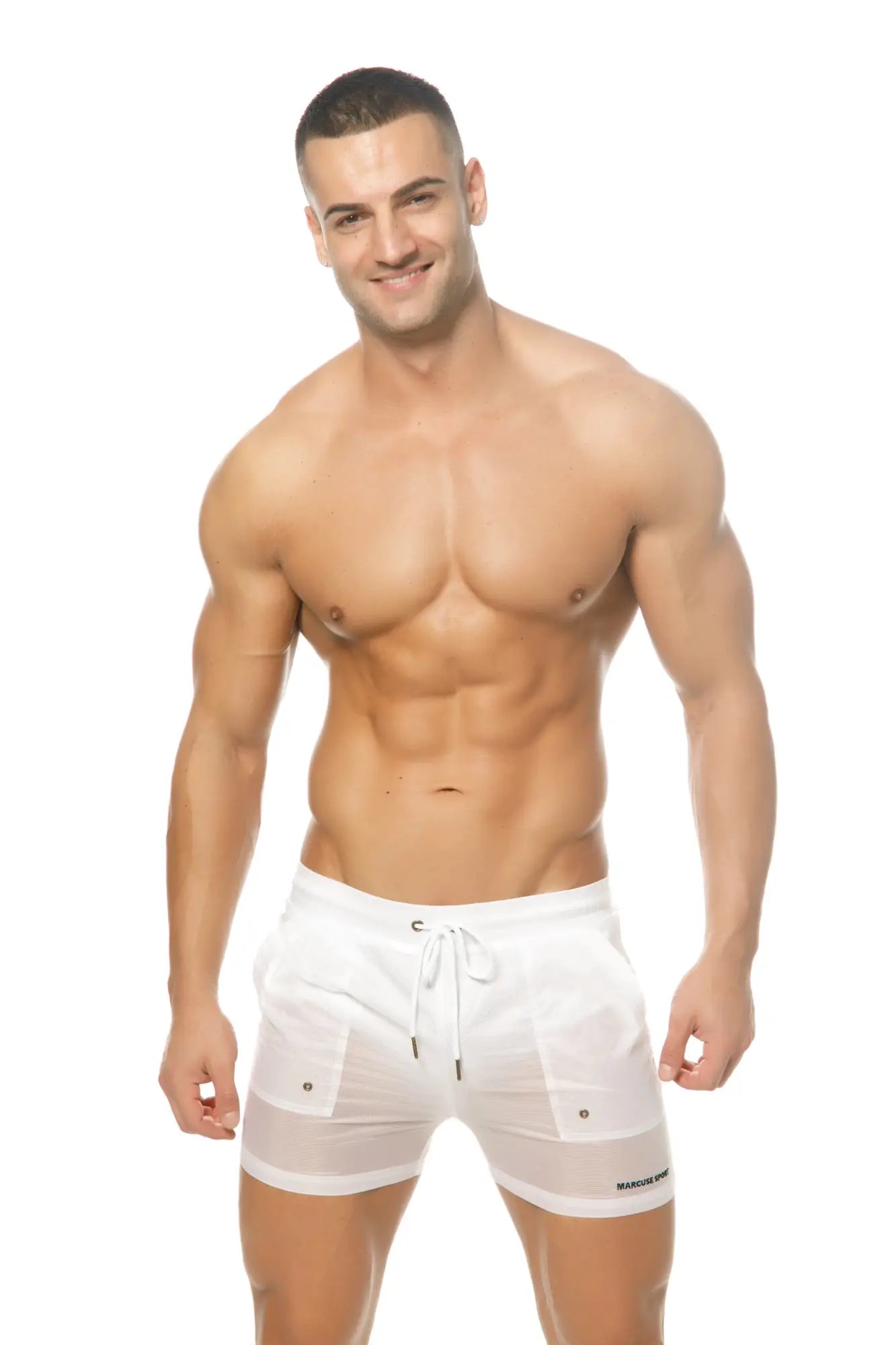 White Marcuse Babylon athletic shorts with drawstring waistband and breathable mesh side panels