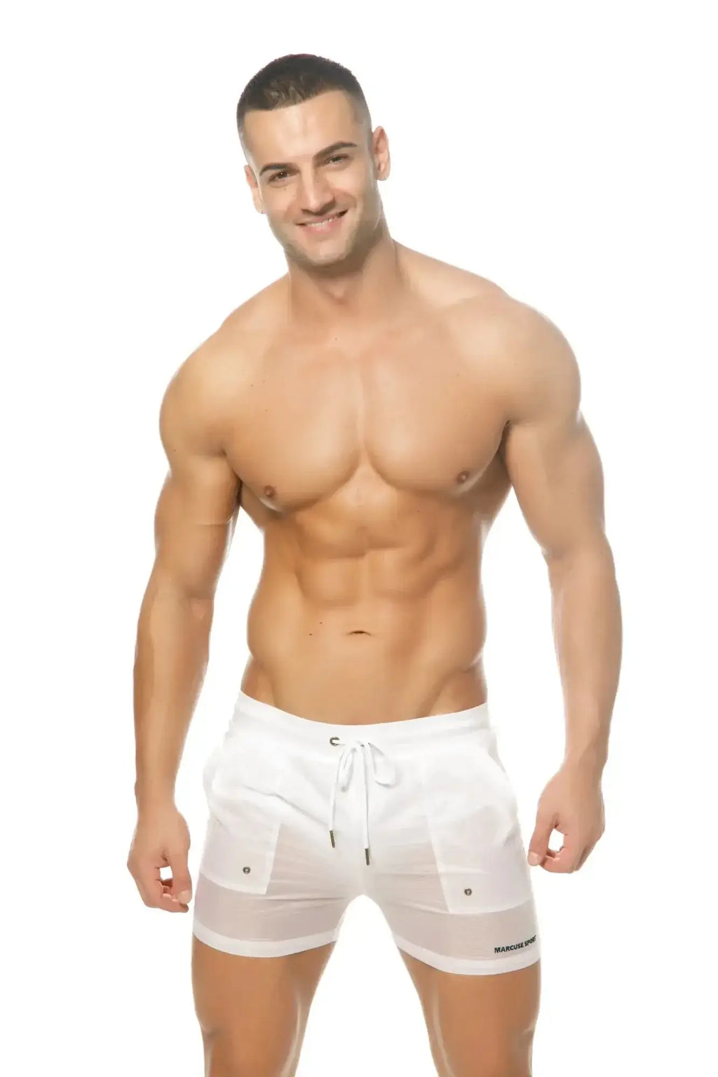 White Marcuse Babylon athletic shorts with drawstring waistband and breathable mesh side panels