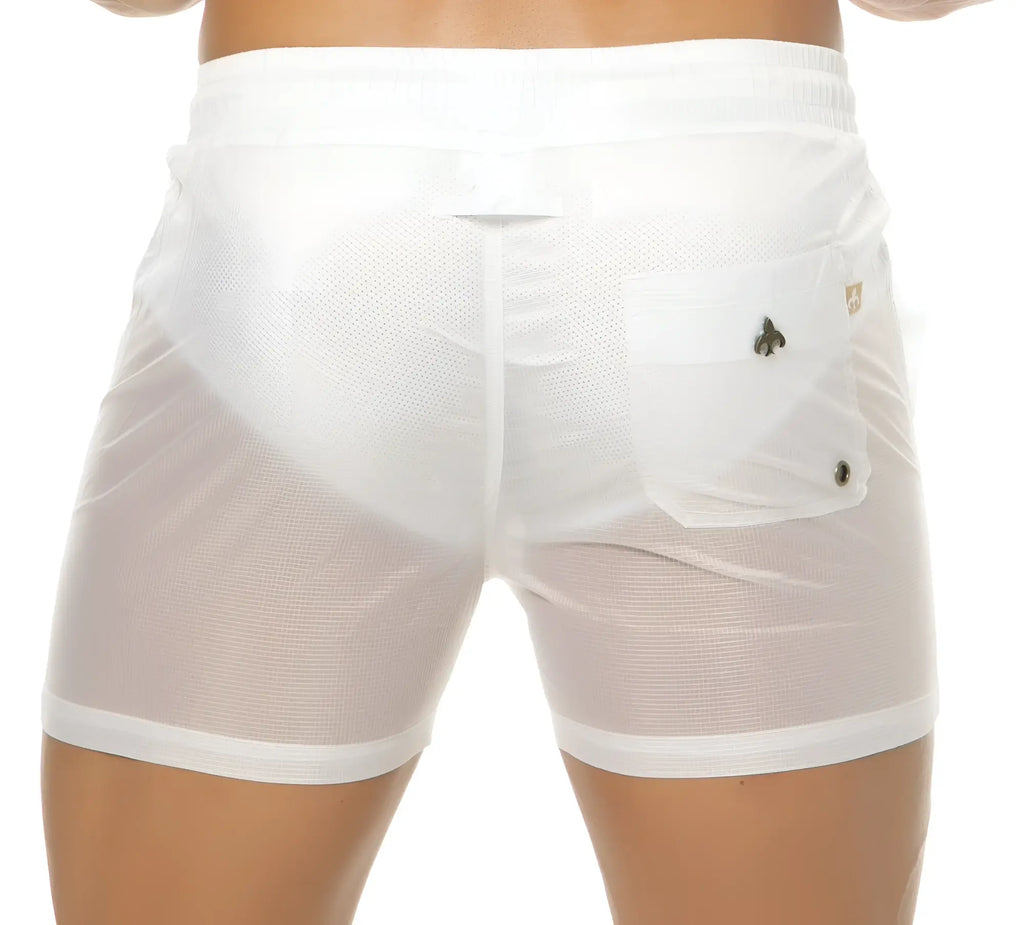 Marcuse Babylon shorts white mesh with solid white waistband pocket and black button closures front view