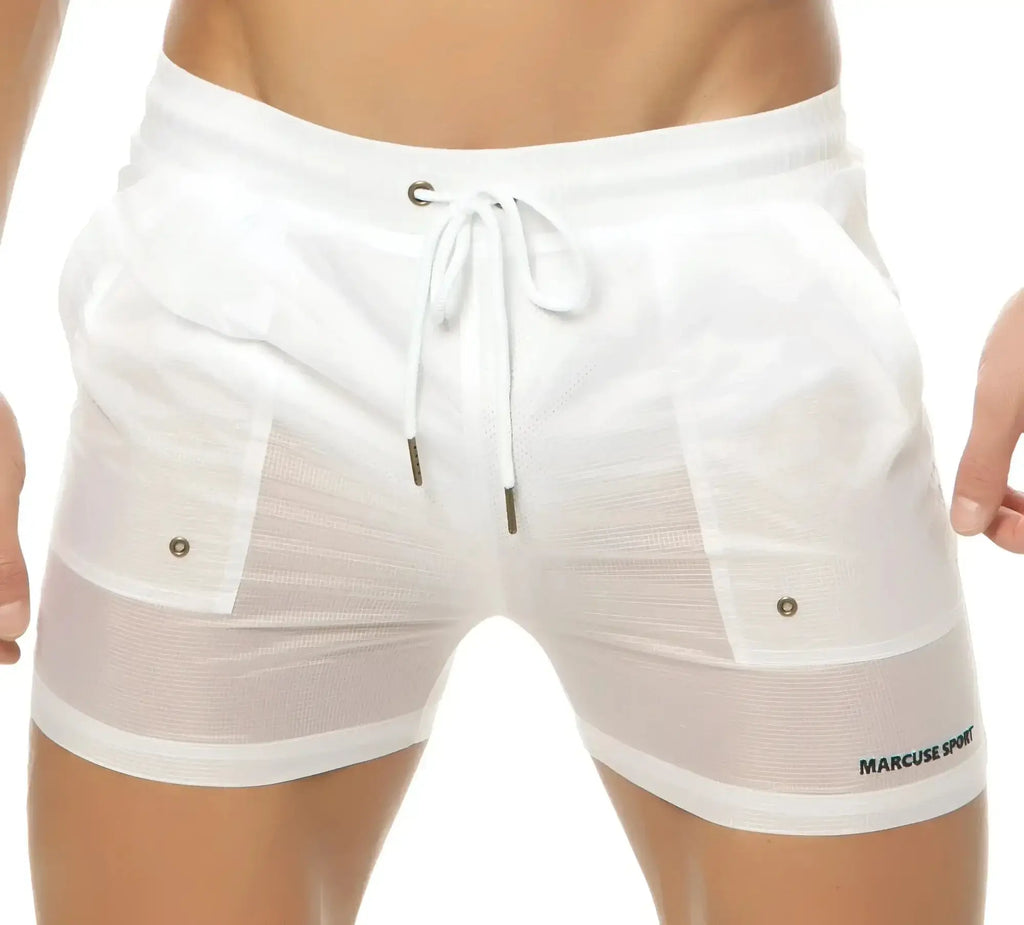 Marcuse babylon white mesh shorts with drawstring waistband side pockets and marcuse sport logo on lower right leg