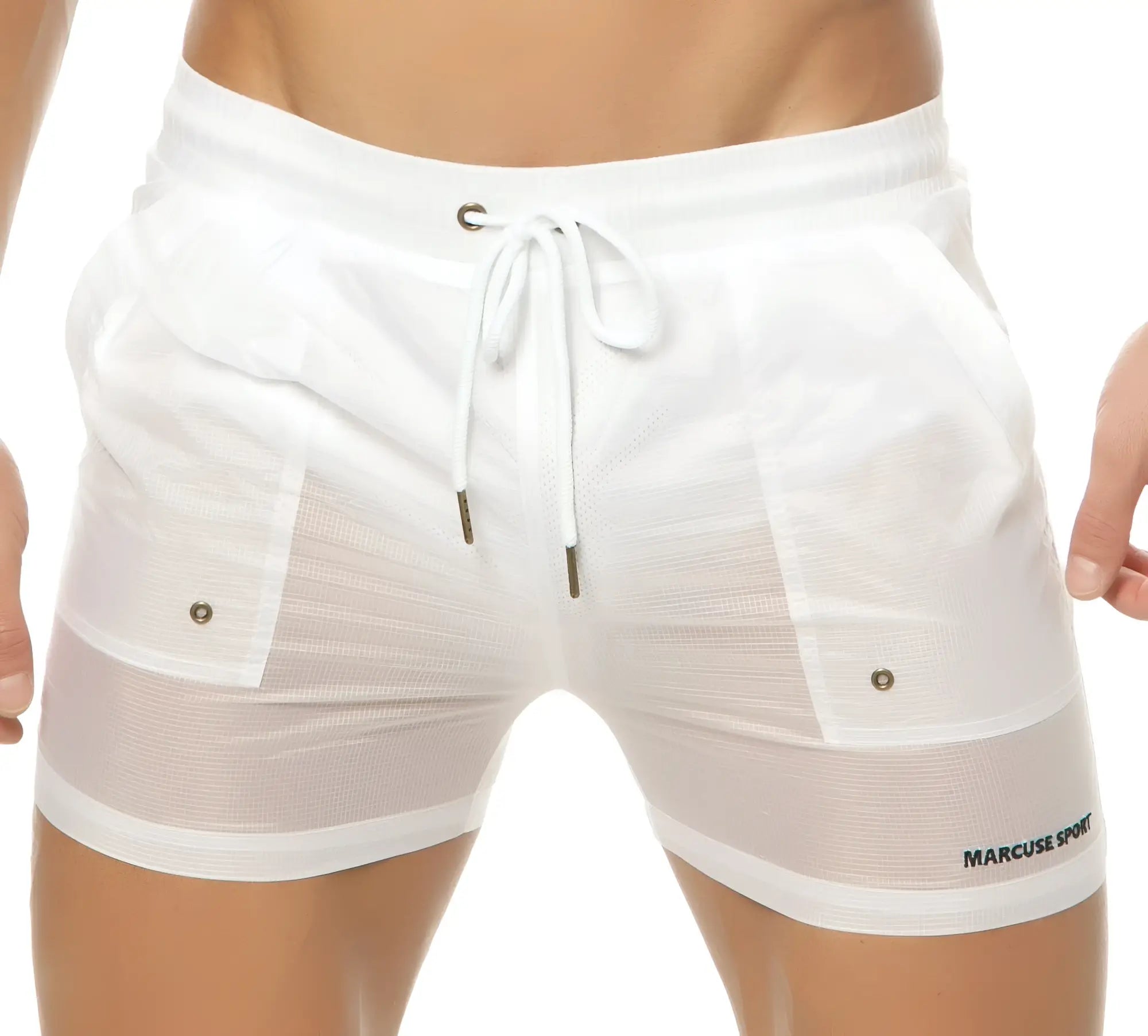 Marcuse babylon white mesh shorts with drawstring waistband side pockets and marcuse sport logo on lower right leg