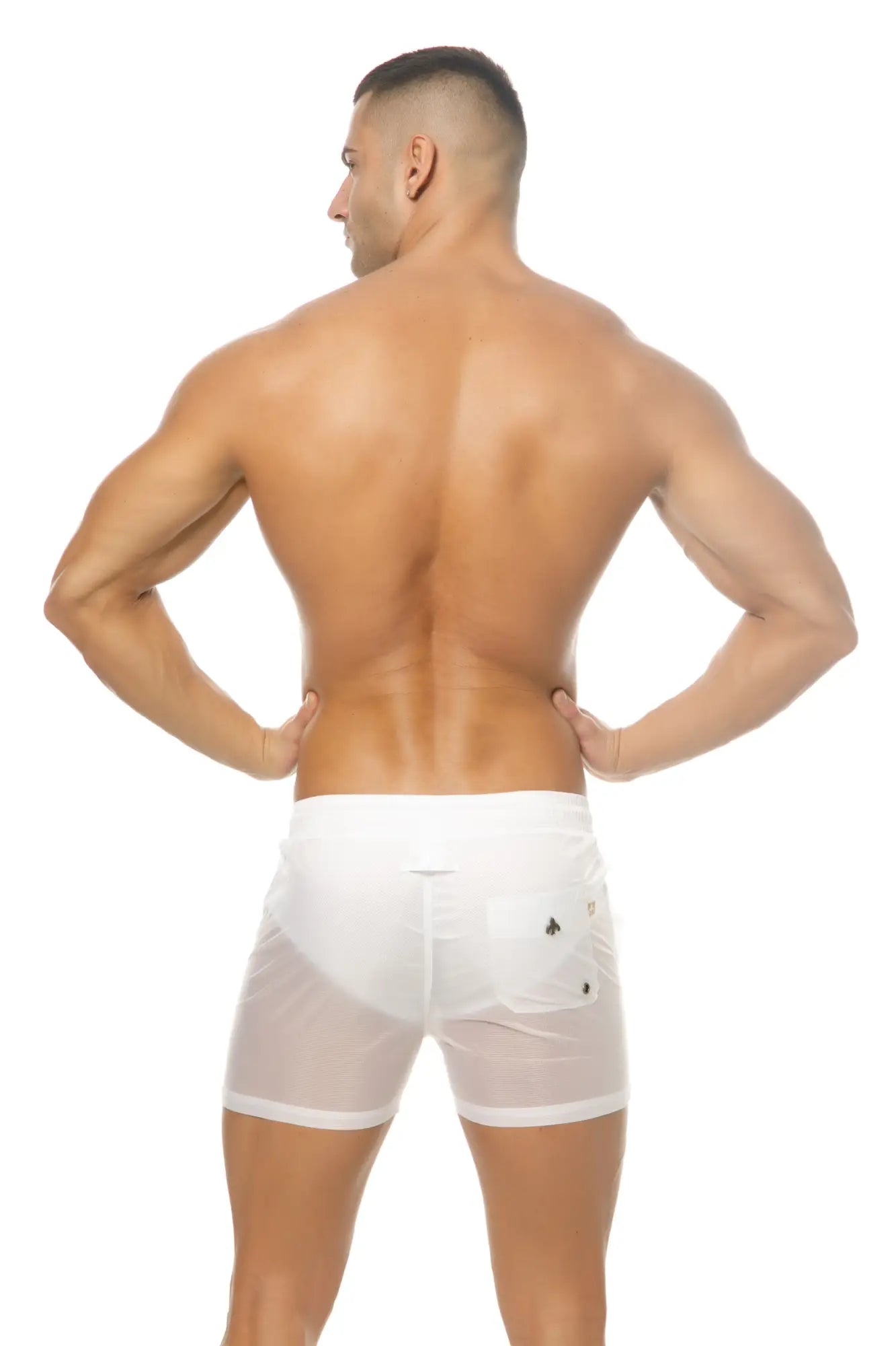 Back view of marcuse babylon shorts white sheer boxer briefs with small black logo on the back pocket