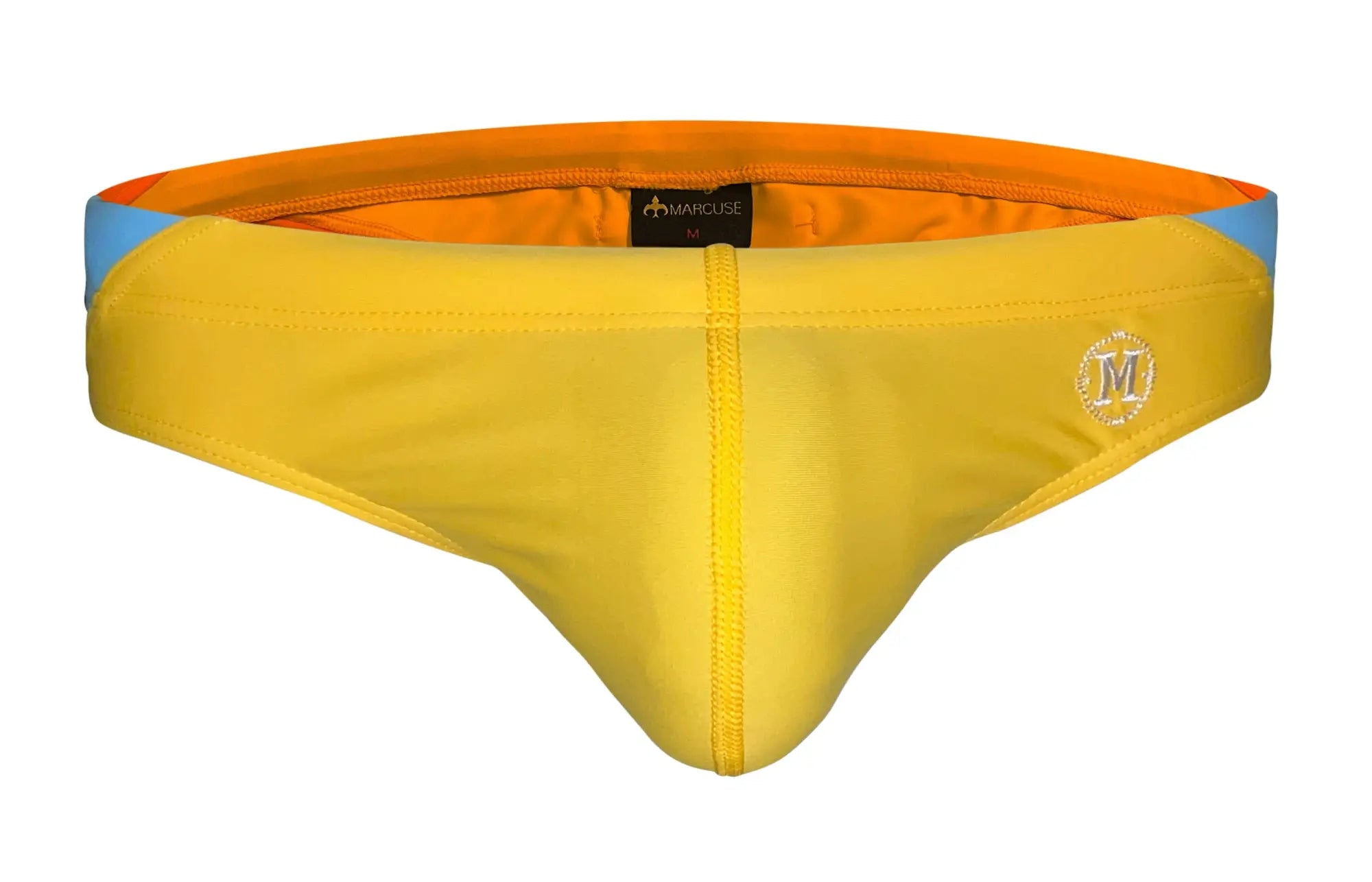 Marcuse Bahama bikini swimwear bright yellow swim trunks with orange waistband and light blue side panels with logo embroidery
