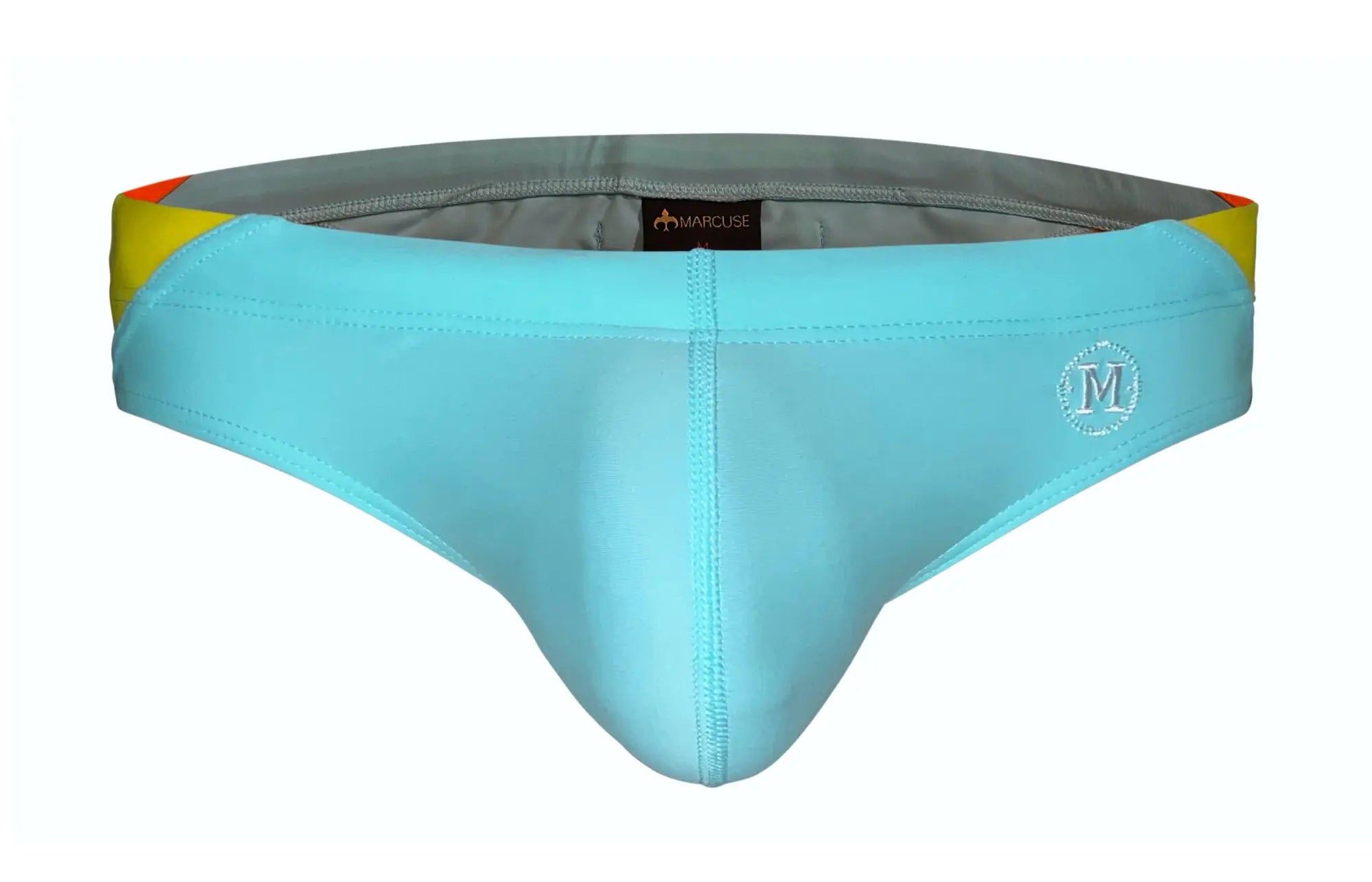 Light blue marcuse Bahama bikini swim trunks with gray waistband featuring yellow and orange stripe accents