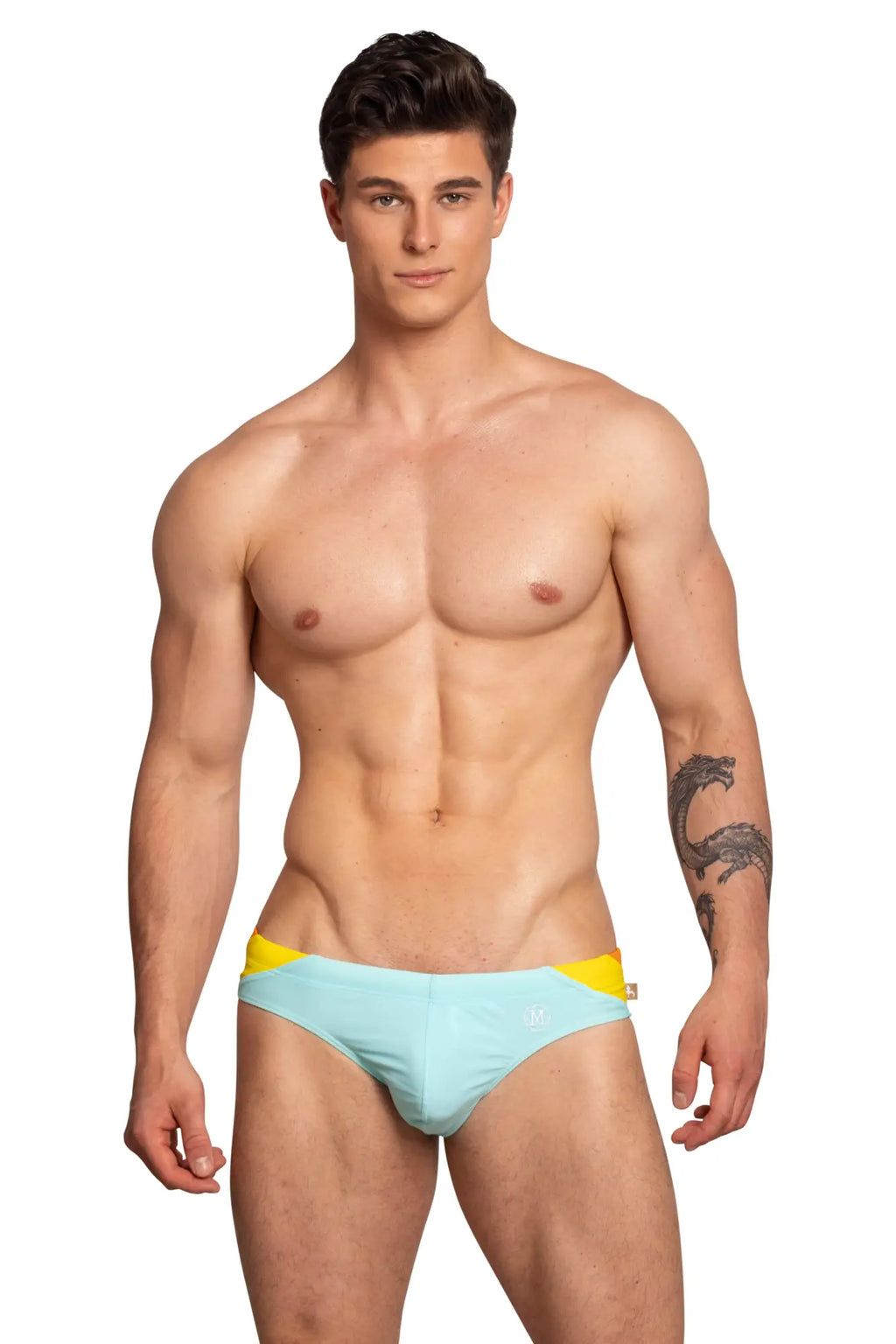 Light blue and yellow marcuse bahama bikini swimwear swim trunks with sleek modern design for beach use