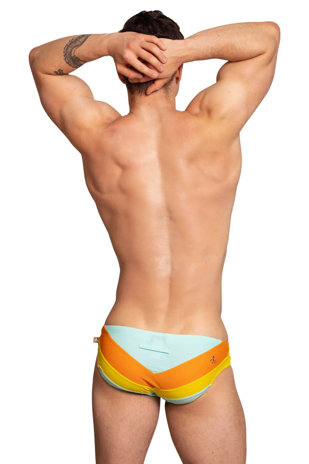 Marcuse Bahama bikini swimwear men’s swim trunks with vibrant light blue orange and yellow gradient stripes and modern design