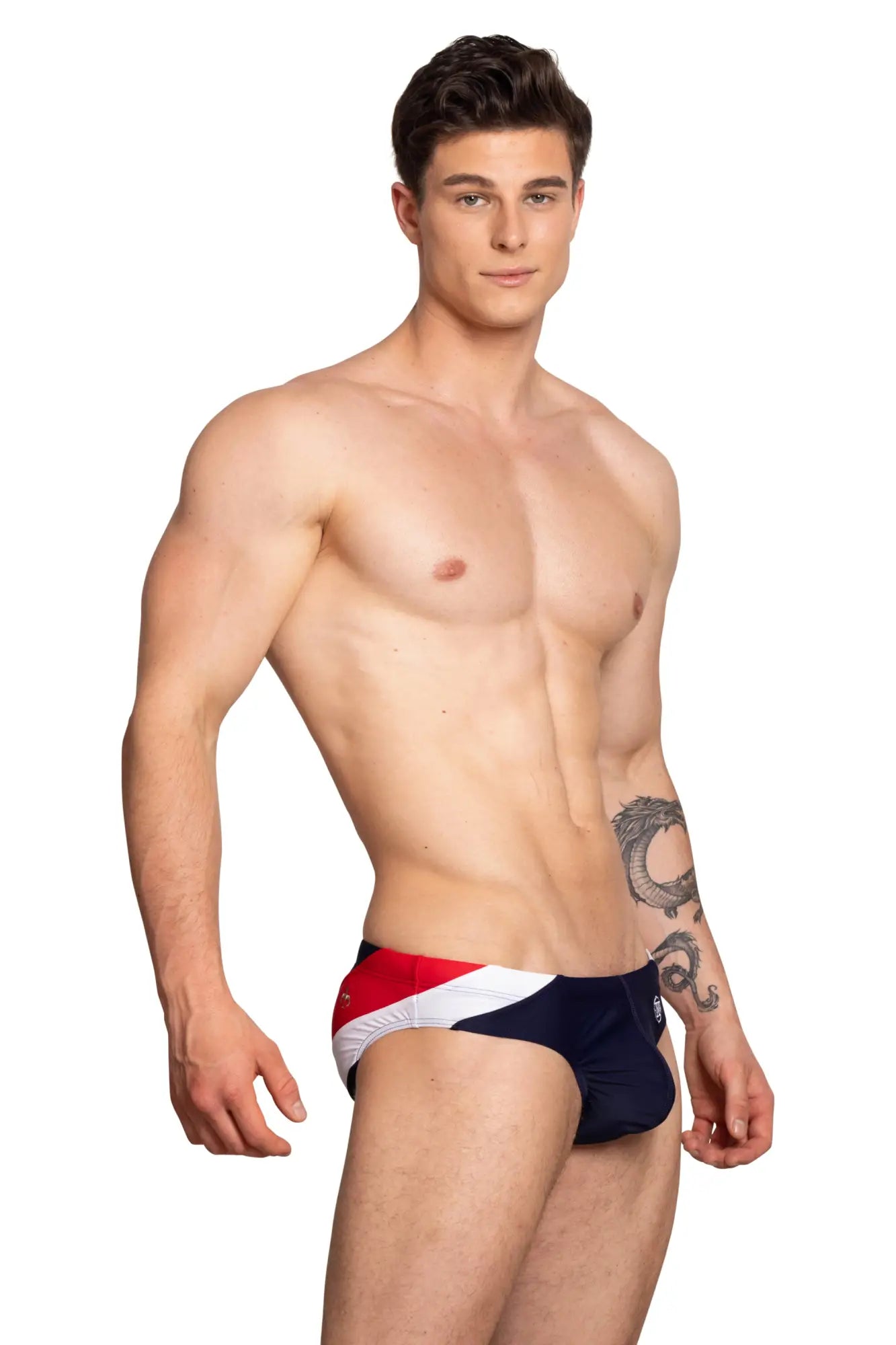 Marcuse Bahama bikini swimwear navy blue red and white striped swim trunks with sleek modern design