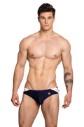 Marcuse Bahama bikini swimwear navy blue swim trunks with white and red trim and small logo on front panel