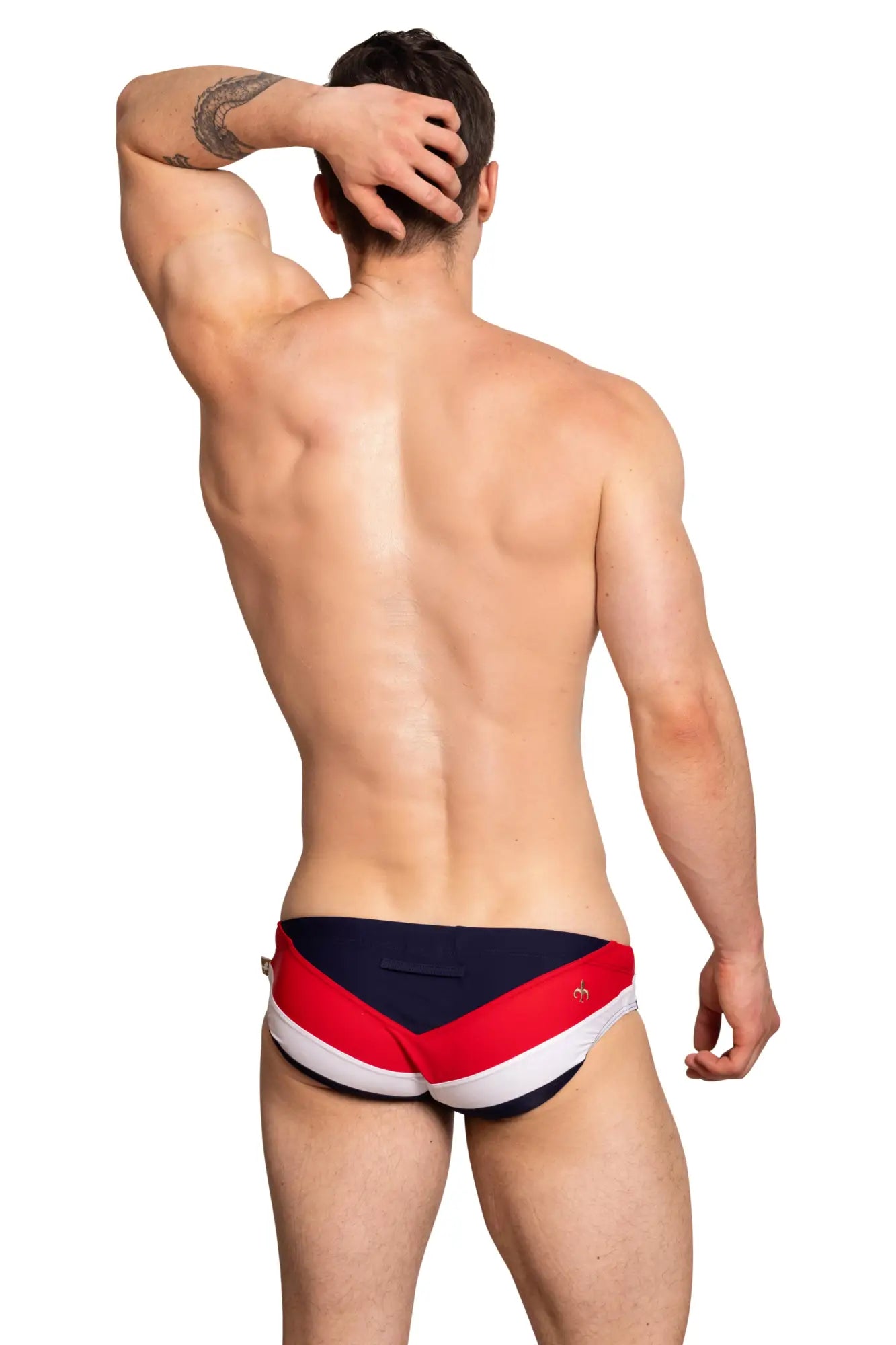Navy red and white striped Marcuse Bahama bikini swimwear with a small side logo, perfect for beachwear