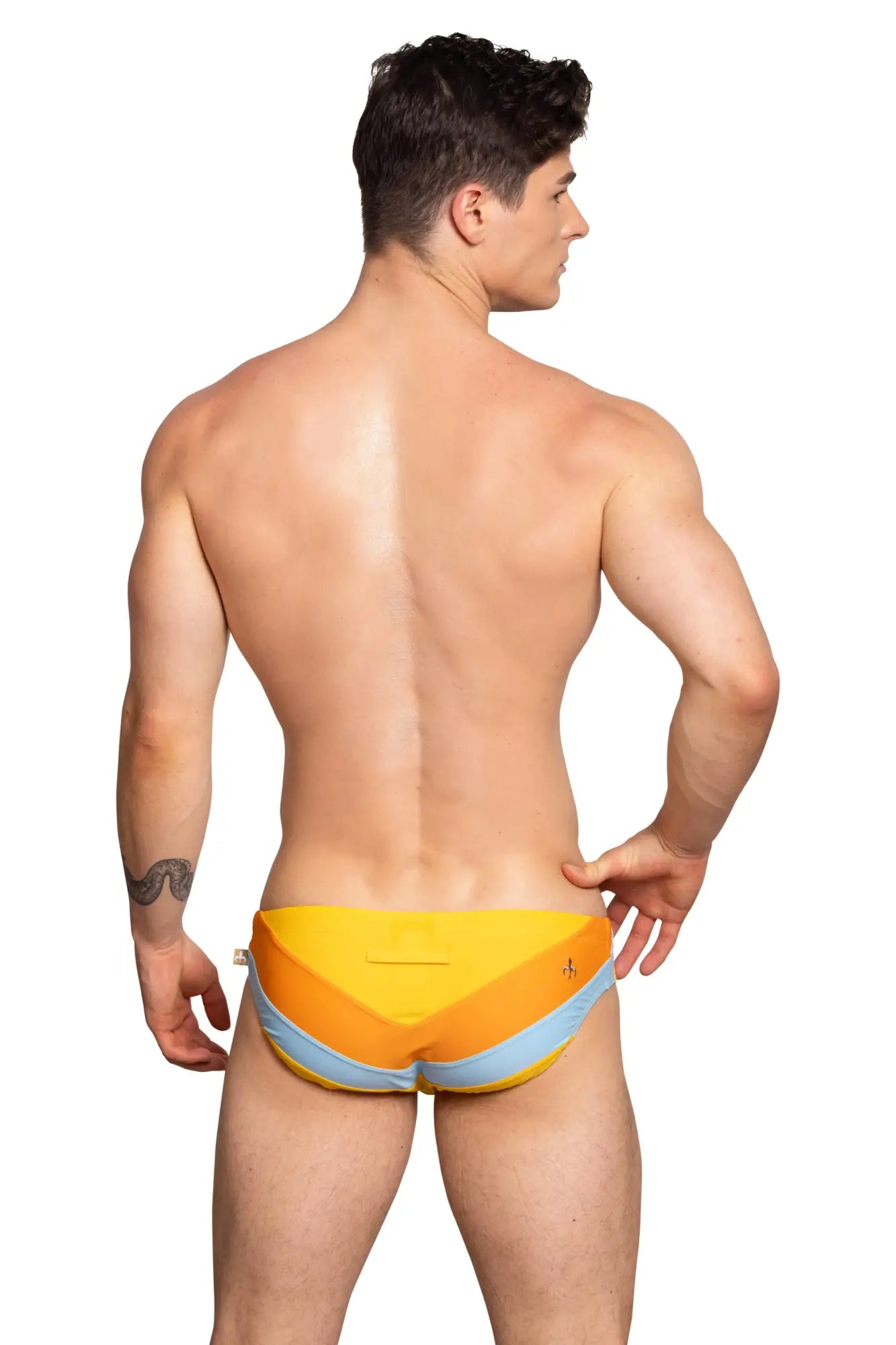 Marcuse Bahama bikini swimwear featuring vibrant yellow and light blue swim trunks with a sleek modern design