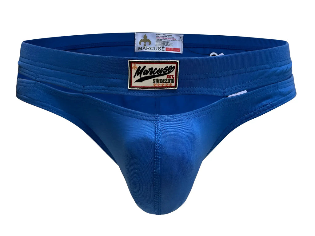 Blue marcuse barrack brief thong made of stretchy fabric with stitched waistband and embroidered logo patch
